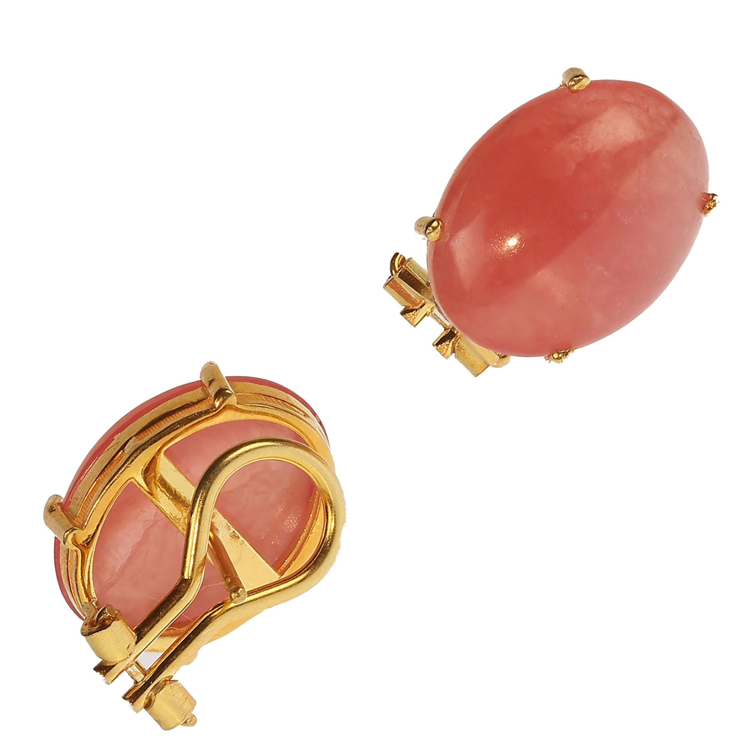 AJD Dreamy Oval Cabochon Rhodochrosite Earrings in Gold over Sterling Silver In New Condition For Sale In Raleigh, NC