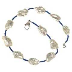 AJD Elegant 17 Inch Blue Sapphire 
White Pearl Choker Necklace  June Birthstone