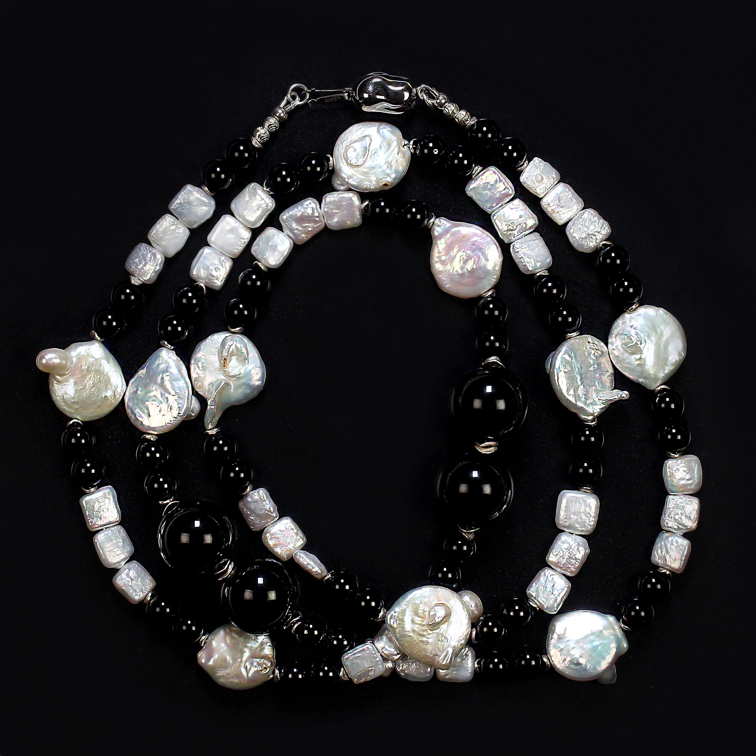 AJD  Elegant 45 Inch Black and White Pearl and Onyx Necklace For Sale 3