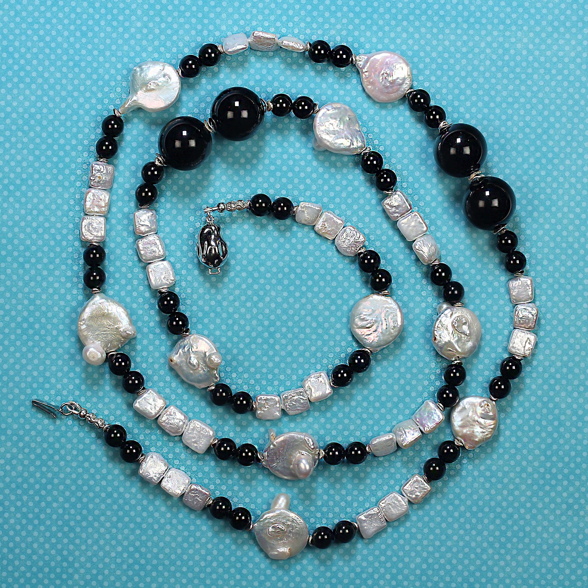 AJD  Elegant 45 Inch Black and White Pearl and Onyx Necklace For Sale 4