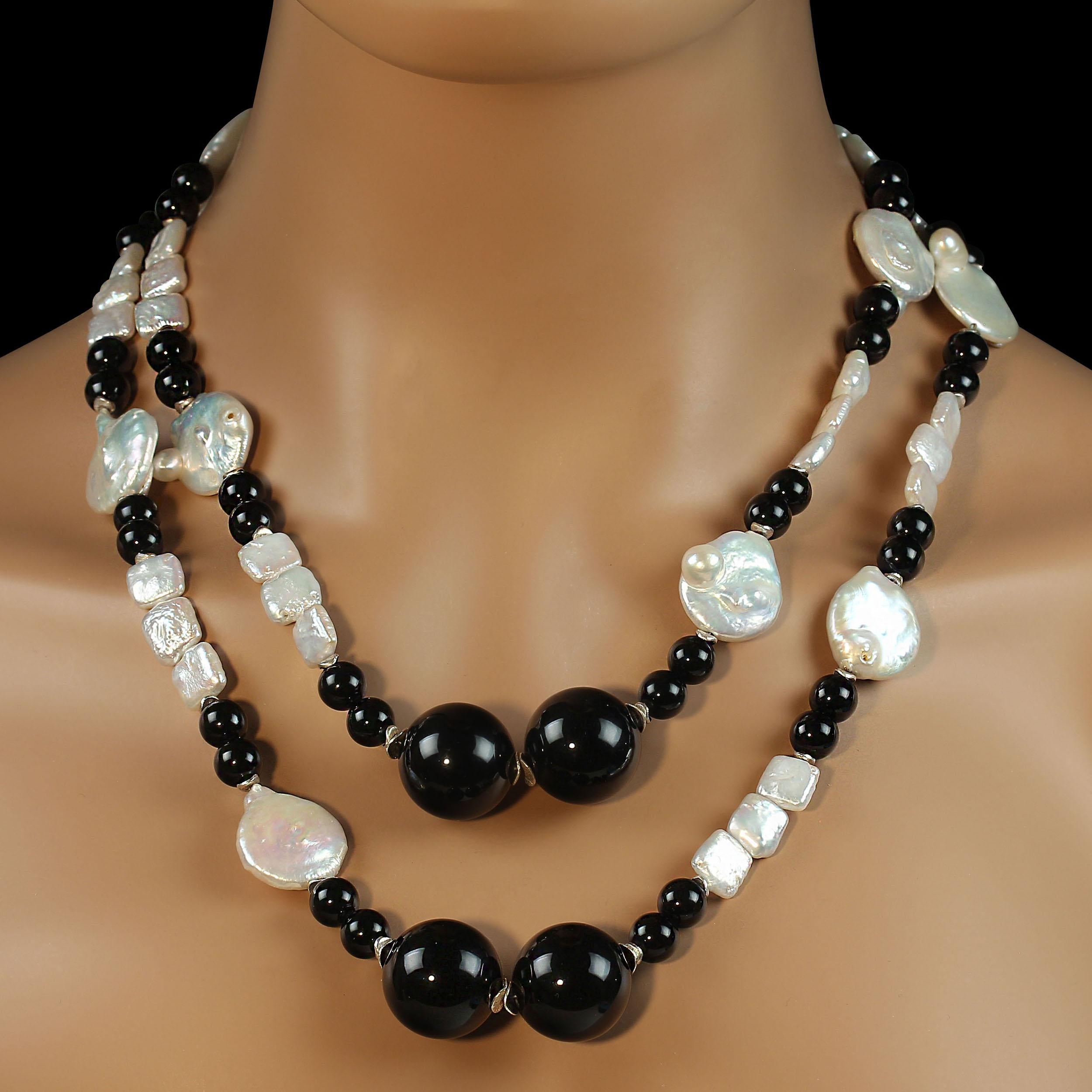 AJD  Elegant 45 Inch Black and White Pearl and Onyx Necklace For Sale 1