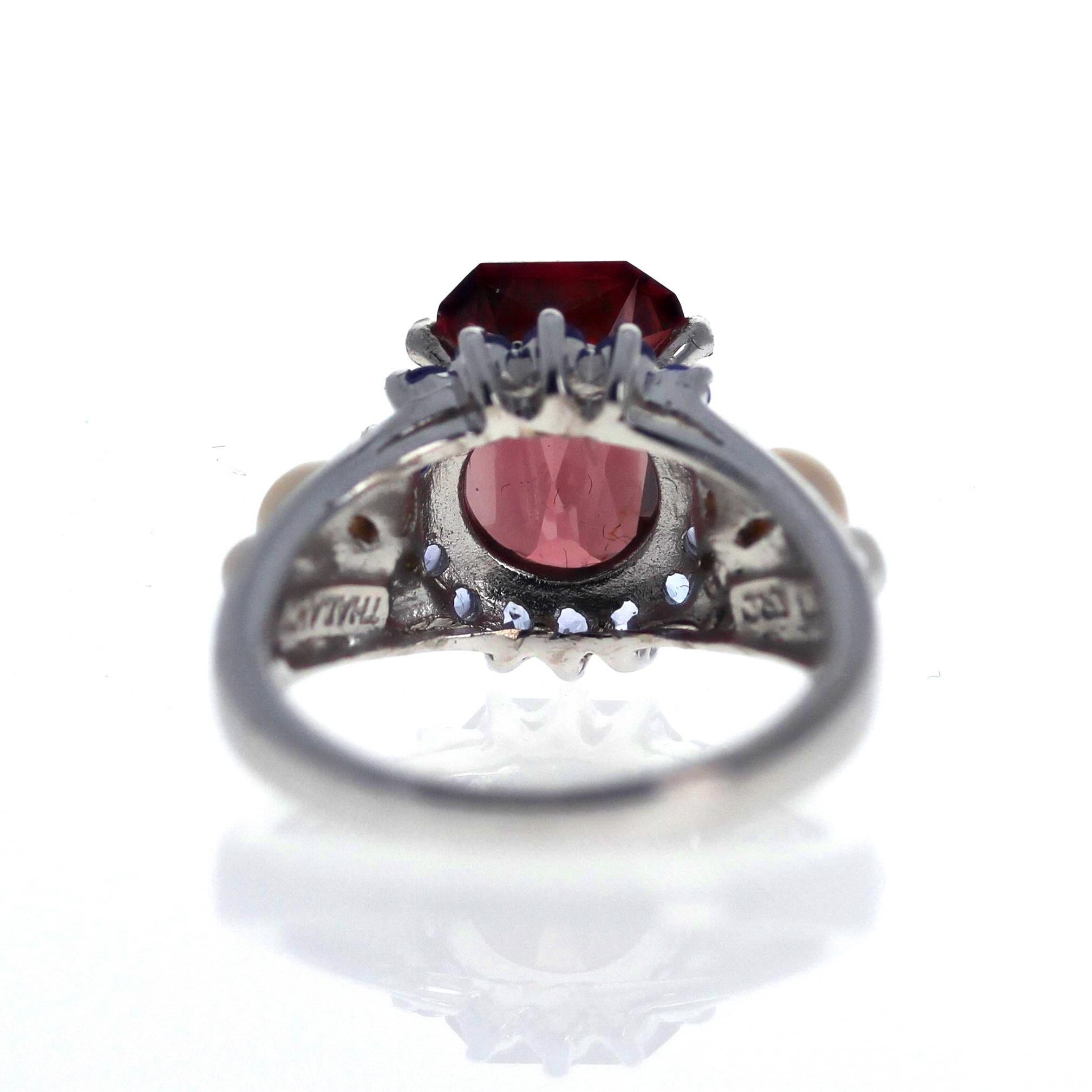 Mixed Cut AJD Elegant 7.2 Ct Brilliant Red Zircon, Sapphire, Pearl Sterling Cocktail Ring