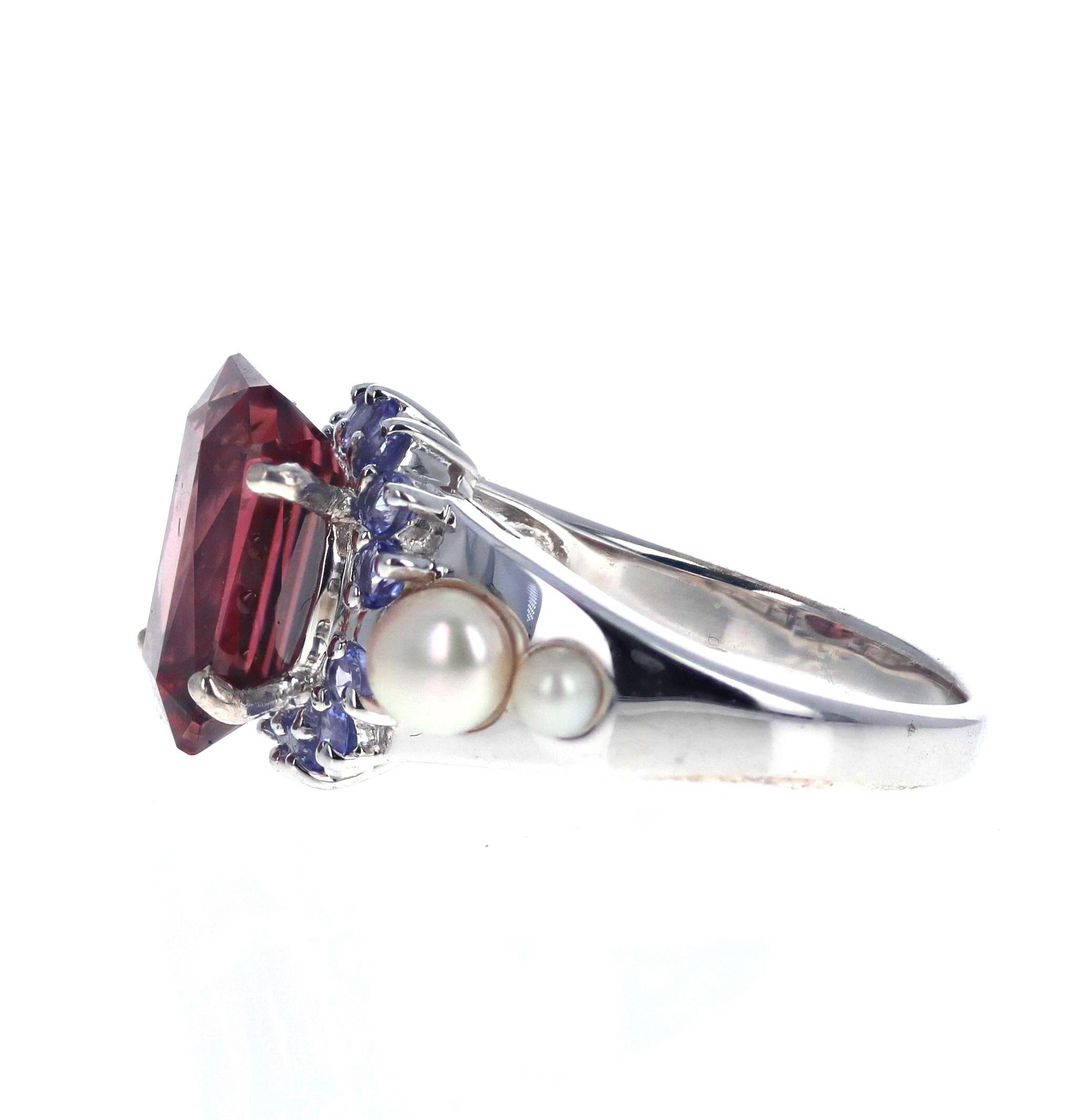 AJD Elegant 7.2 Ct Brilliant Red Zircon, Sapphire, Pearl Sterling Cocktail Ring In New Condition In Raleigh, NC