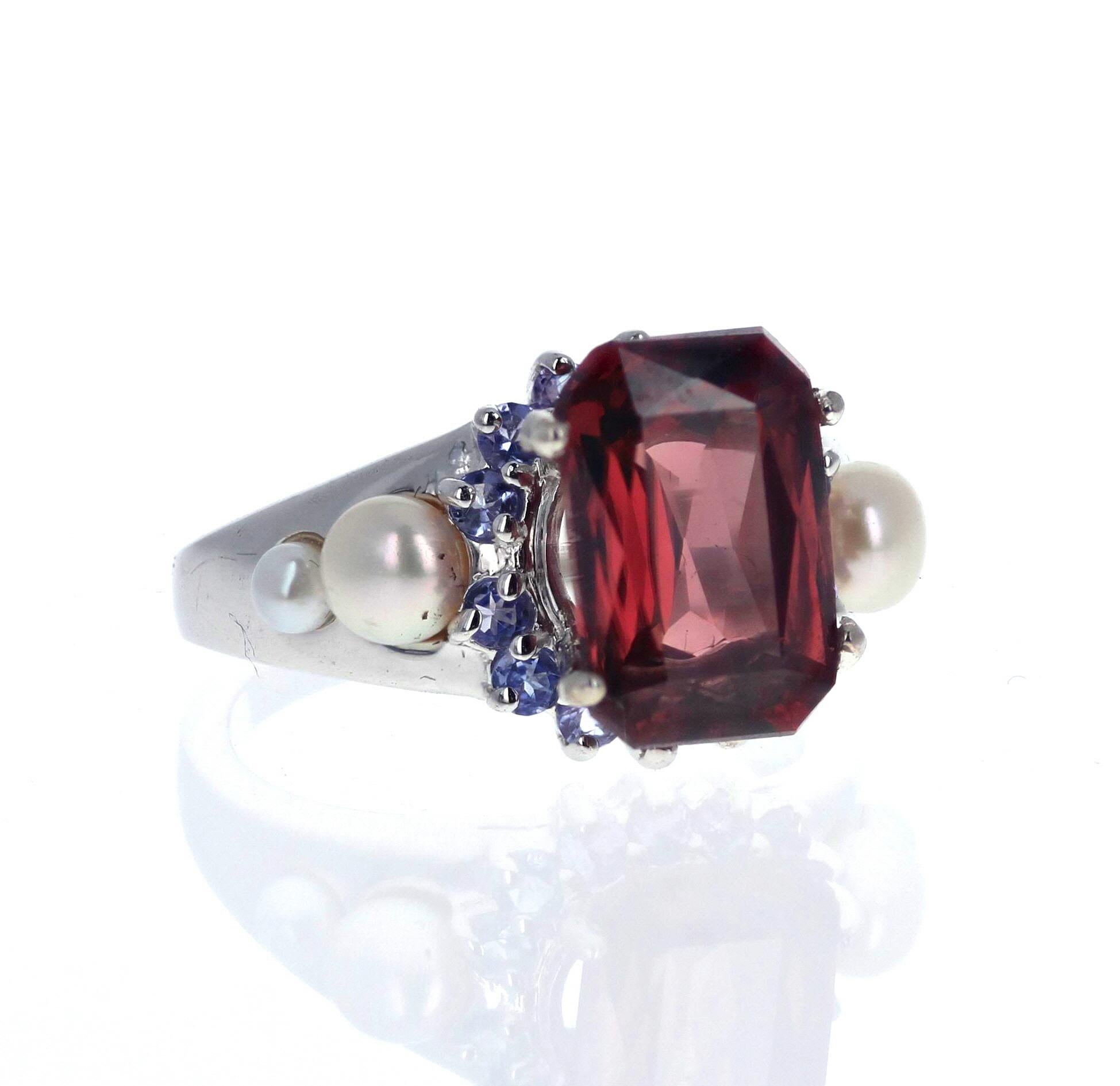 Women's or Men's AJD Elegant 7.2 Ct Brilliant Red Zircon, Sapphire, Pearl Sterling Cocktail Ring