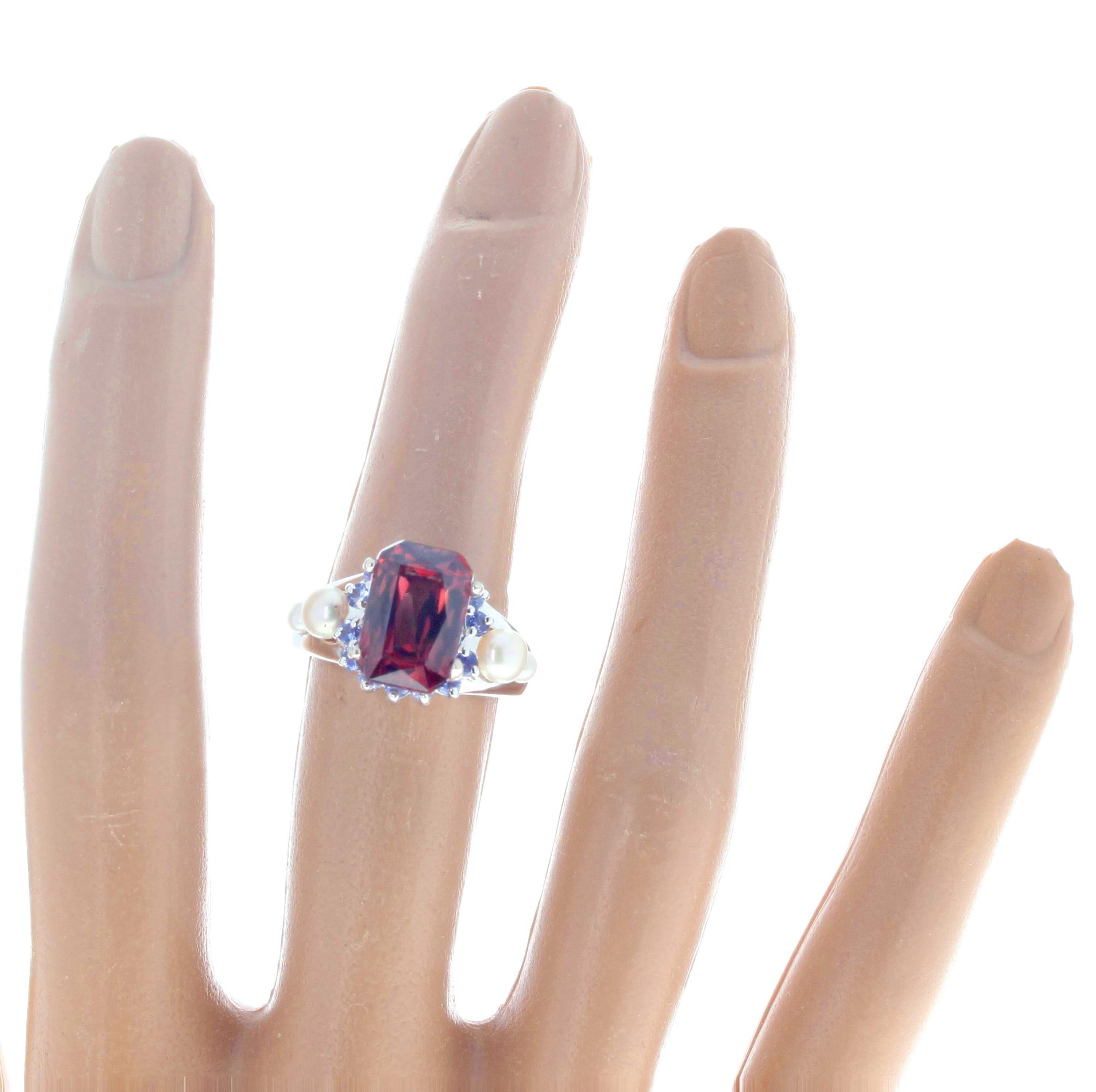 Mixed Cut AJD Elegant 7.2 Ct Brilliant Red Zircon, Sapphire, Pearl Sterling Cocktail Ring