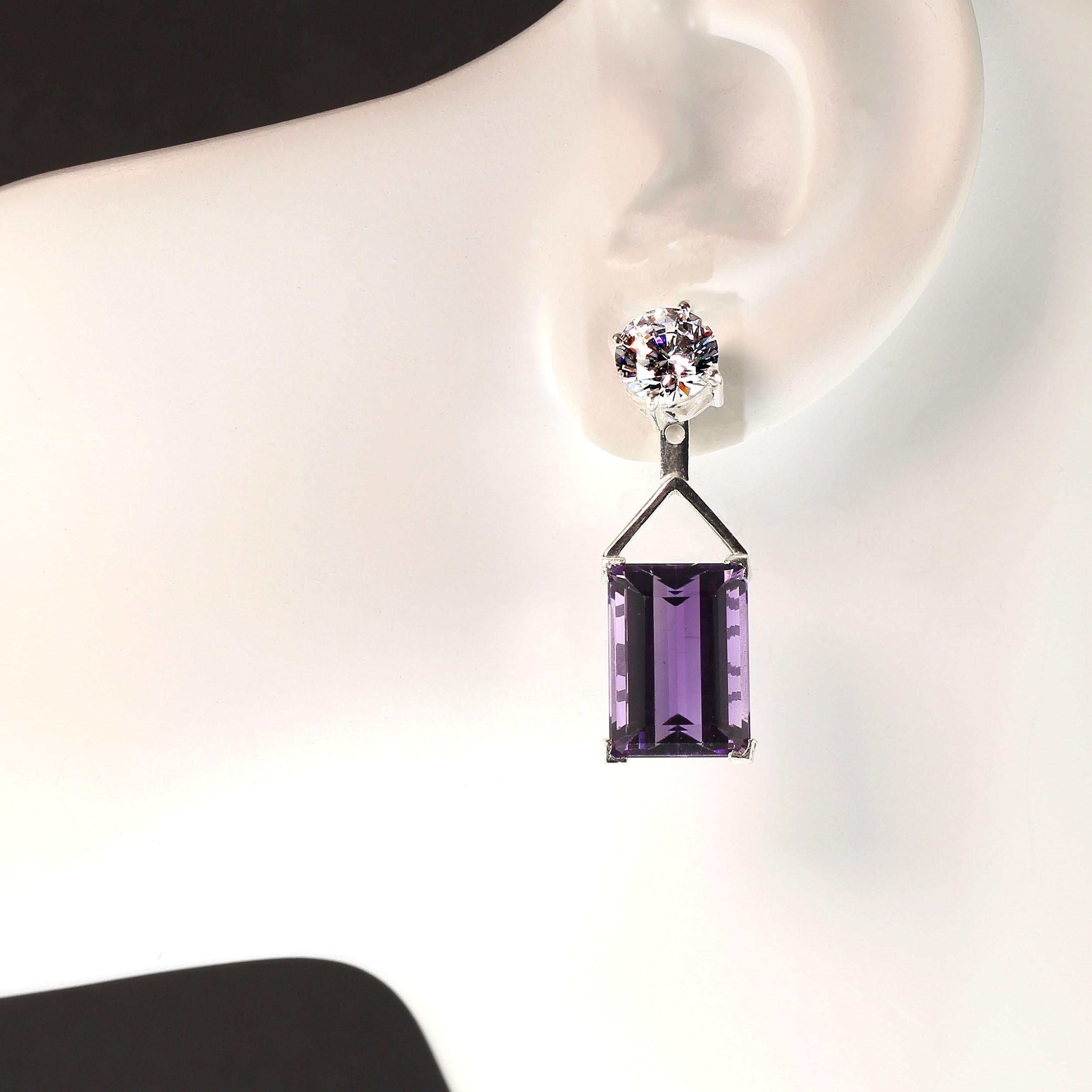 Versatile genuine scintillating Zircon and purple Amethyst earrings.  These earrings are elegant and fun.  Hang the beautifully cut purple Amethysts from the round Zircons for a lovely long (1.25 inch) earring. Wear the sparkling Zircons alone as a