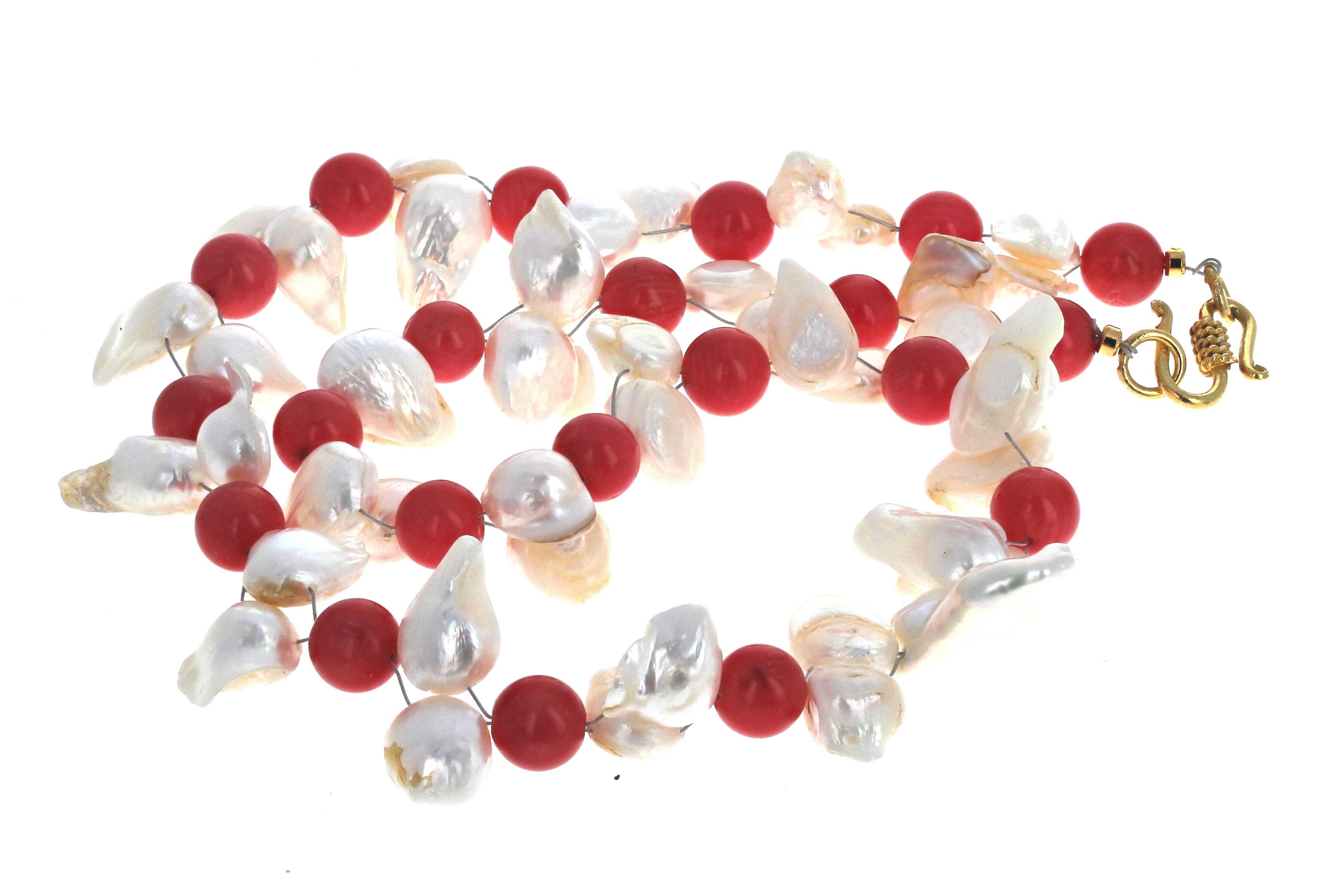Round Cut AJD Elegant White Pearls & Orangey Italian Round Pearls &Real Coral 21