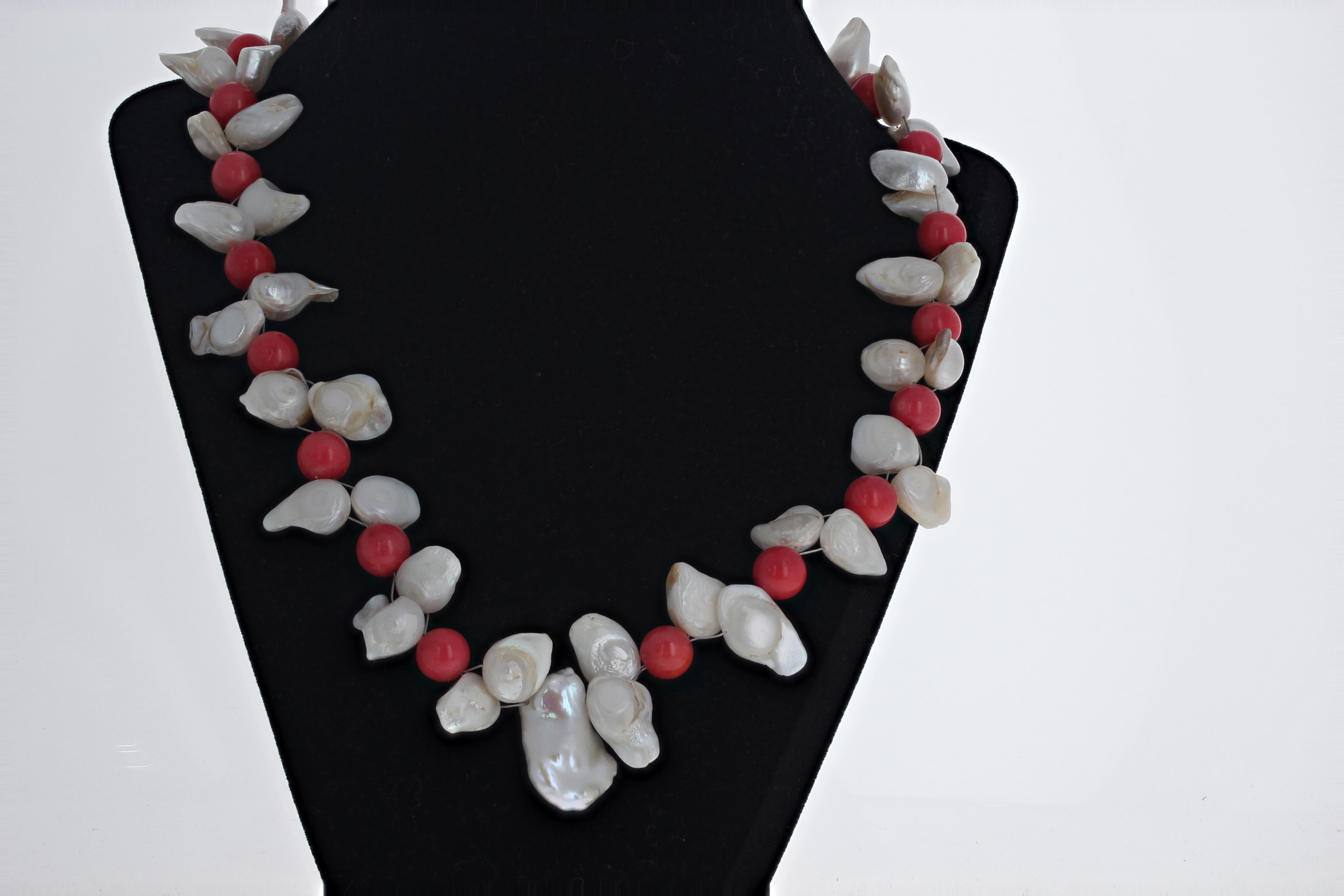 AJD Elegant White Pearls & Orangey Italian Round Pearls &Real Coral 21