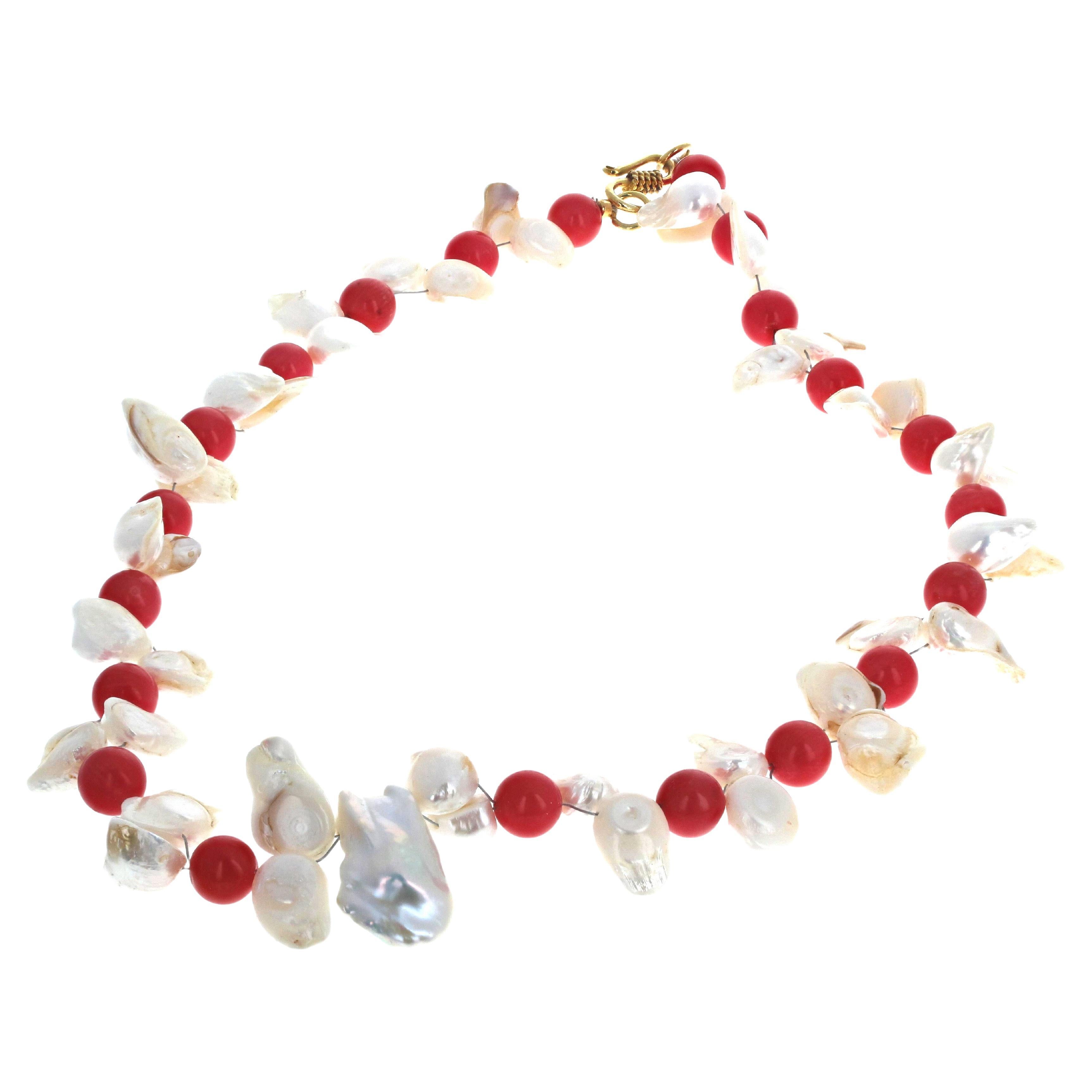 AJD Elegant White Pearls & Orangey Italian Round Pearls &Real Coral 21" Necklace For Sale