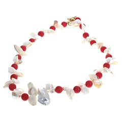 AJD Elegant White Pearls & Orangey Italian Round Pearls &Real Coral 21" Necklace