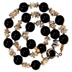 AJD, élégant collier d'onyx noir et de perles blanches, pierre de naissance de juin  Super cadeau !