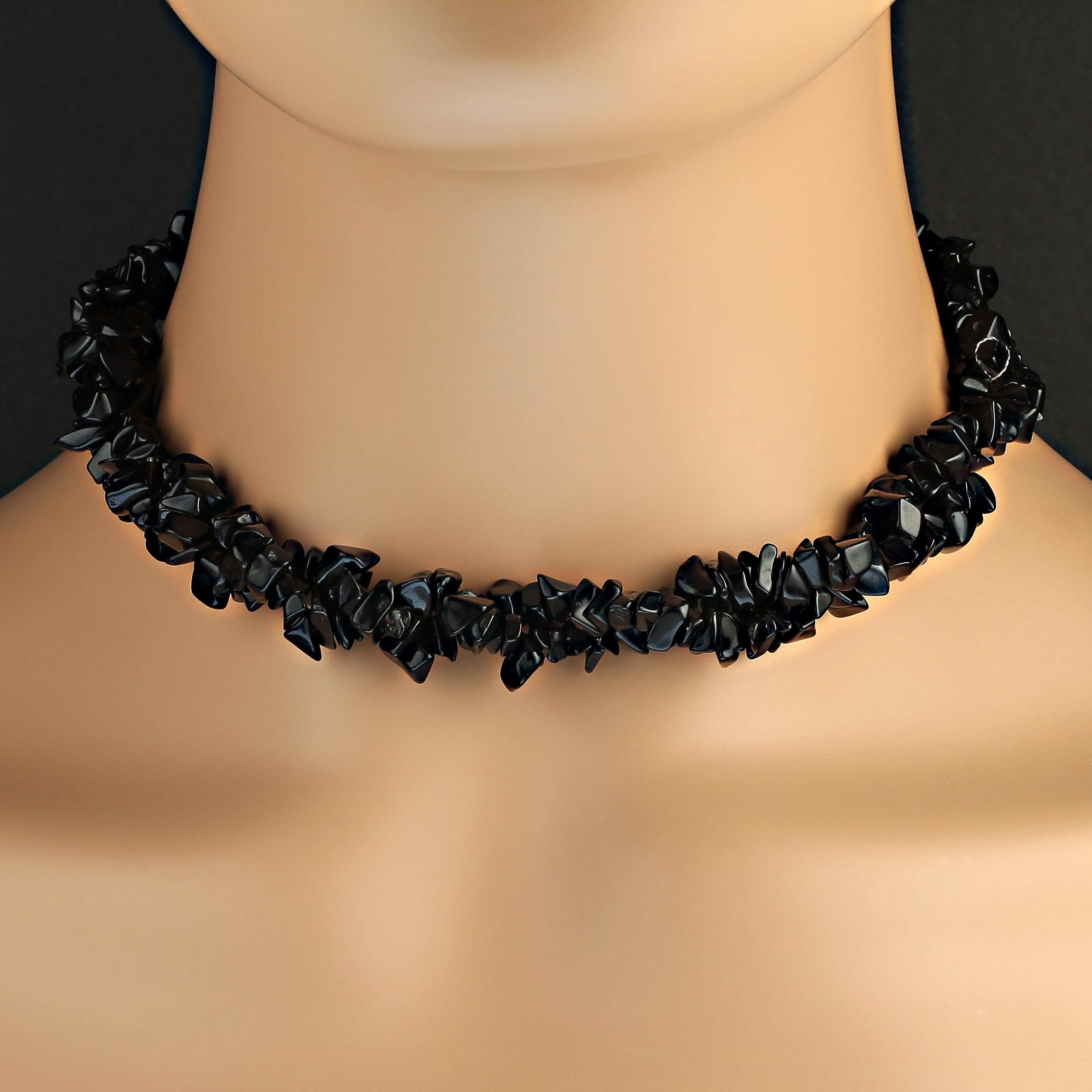 Highly polished Black Onyx chip infinity necklace of 36 inches.  This is one of those versatile pieces to add to your wardrobe that finishes so many other pieces, wrap it, tie it, wrap and tie, etc. 