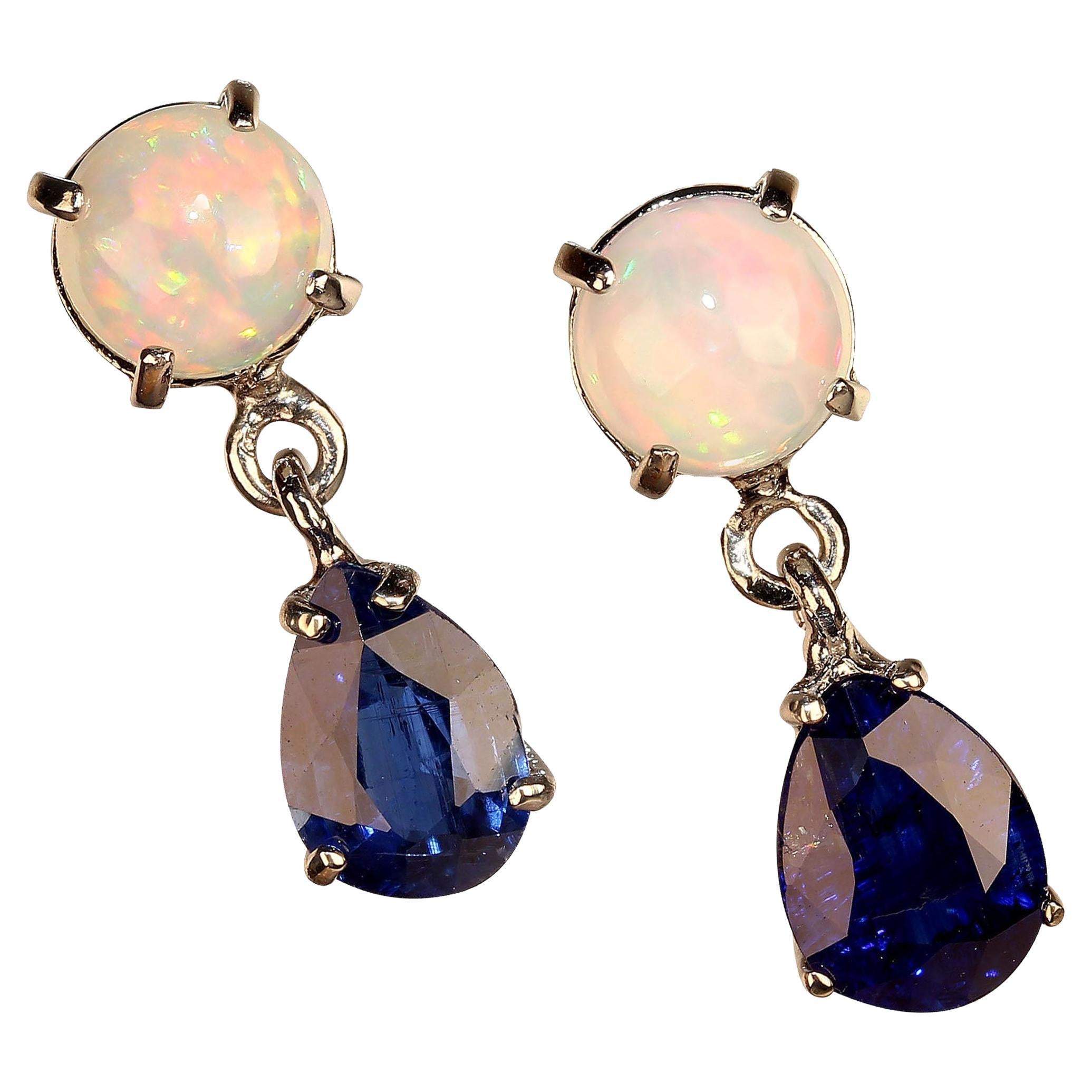AJD Elegant Blue Kyanite and Opal Dangle Earrings in 14K Glowing White Gold