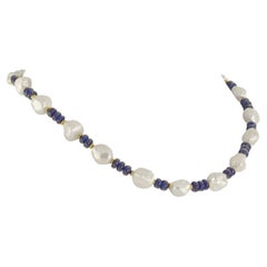 AJD Elegant Blue Sapphire and Lustrous White 17 Inch  Pearl Necklace