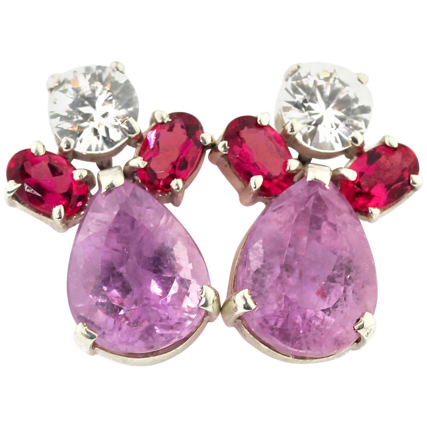 Elegante Ohrringe von JD mit hellen weißen Saphiren, roten Rubeliten und rosa Kunzit im Angebot