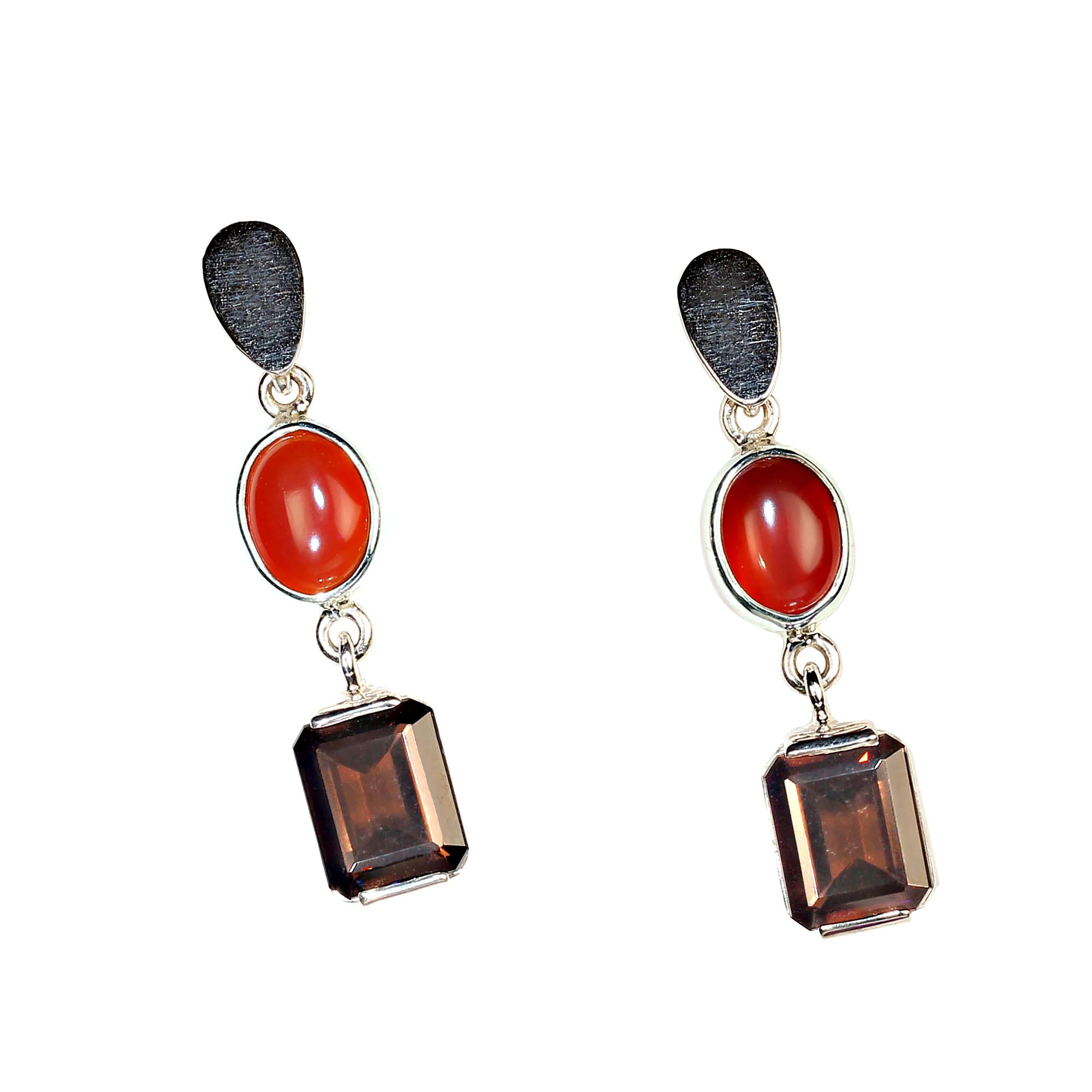 AJD Elegant Carnelian and Smoky Quartz Dangle Earrings In New Condition For Sale In Raleigh, NC