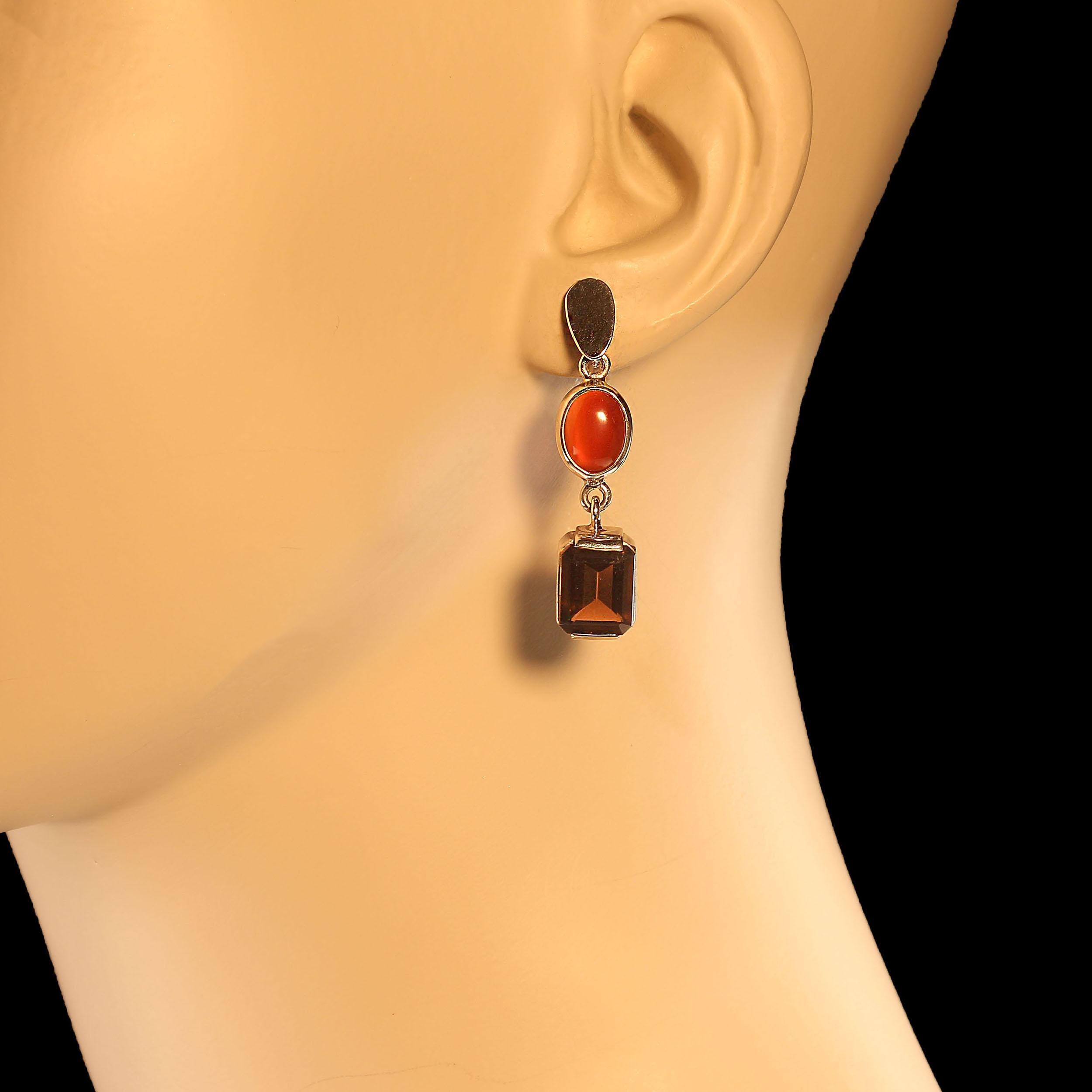 Women's or Men's AJD Elegant Carnelian and Smoky Quartz Dangle Earrings For Sale