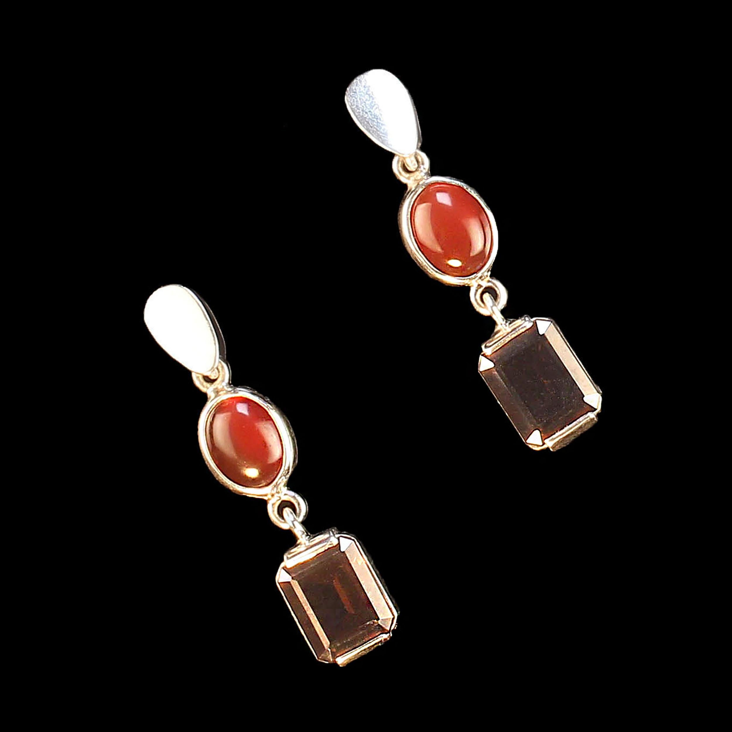AJD Elegant Carnelian and Smoky Quartz Dangle Earrings For Sale 1
