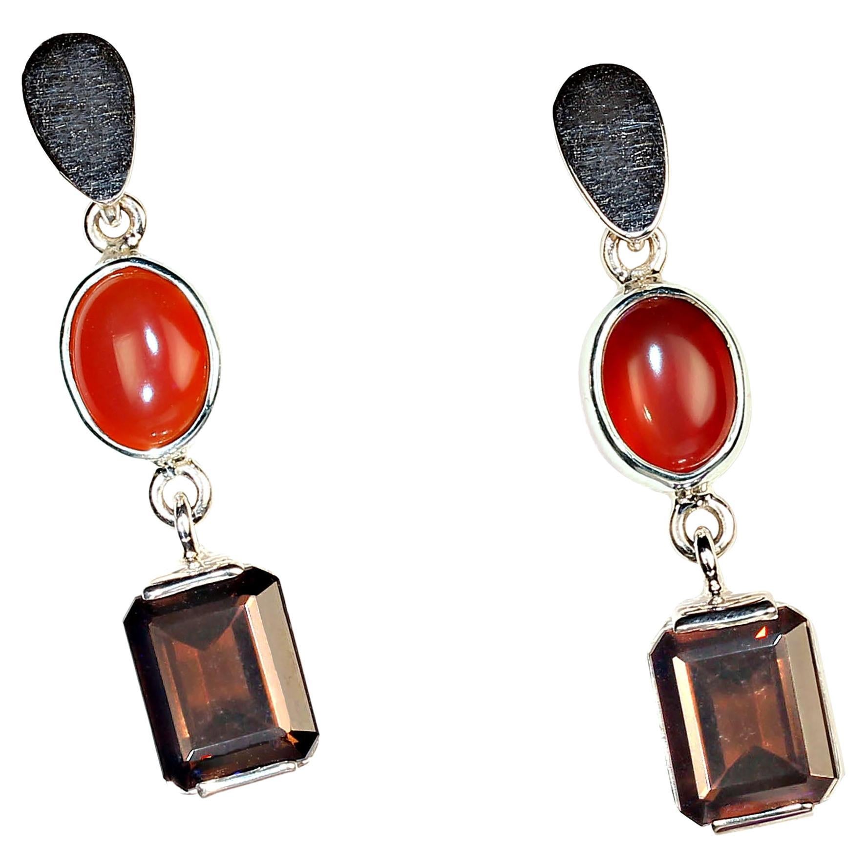 AJD Elegant Carnelian and Smoky Quartz Dangle Earrings For Sale