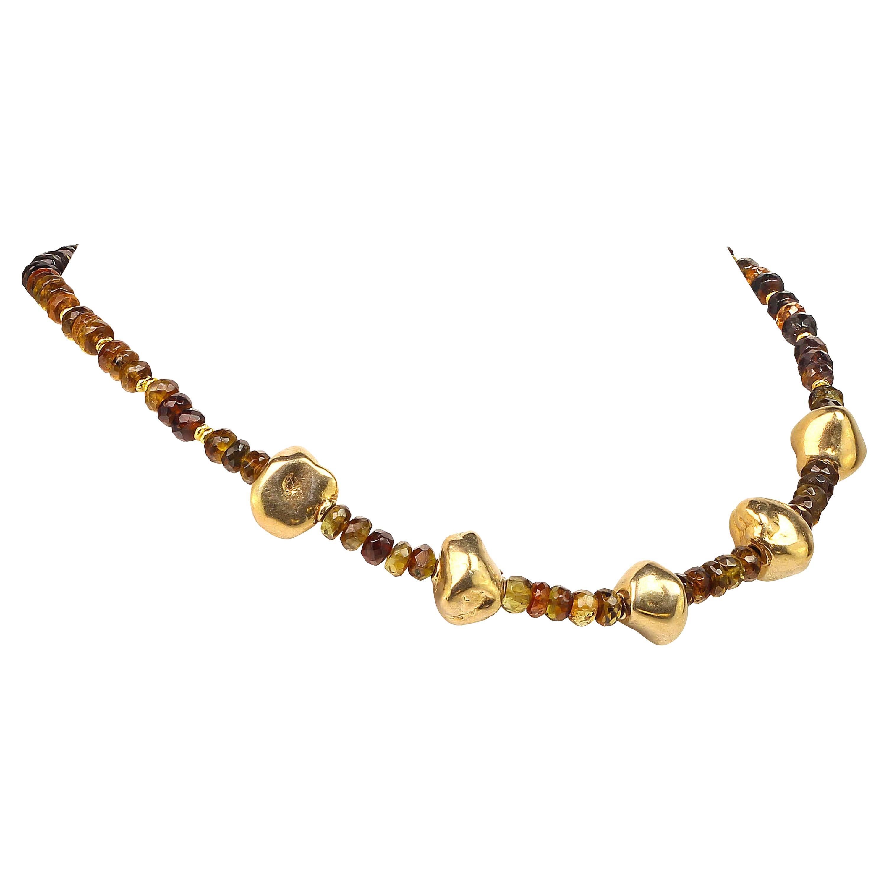 Sparkling, unique choker of Smoky Quartz and Golden Vermeil Nuggets. These glittering Smoky Quartz range from golden to darker brown. This elegant 16 inch choker necklace is designed to complement all skin tones.  The sparkling 5MM faceted Smoky