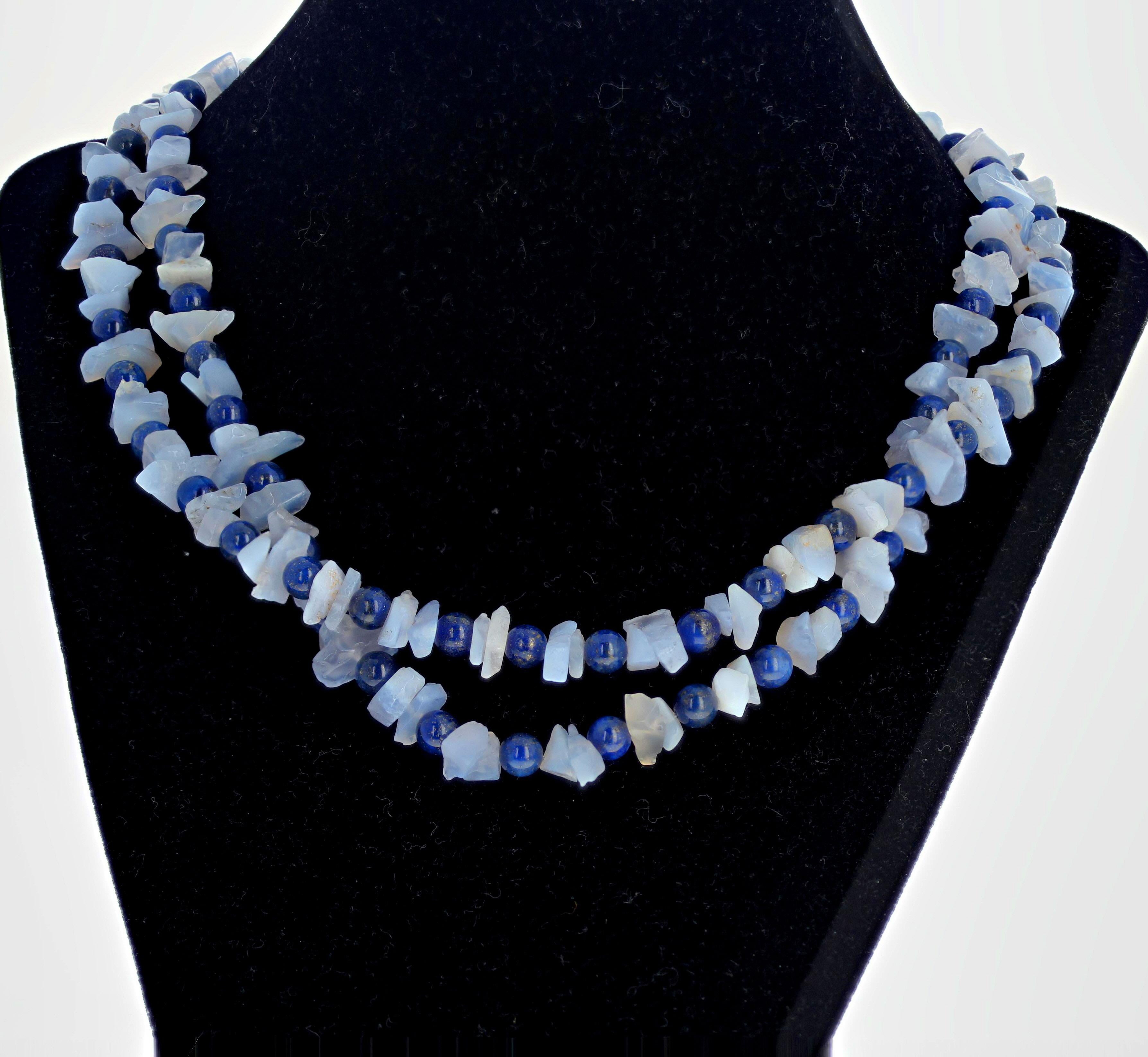 AJD Elegant Double Strand Blue Lapis Lazuli & Blue Chalcedony 18.5" Necklace For Sale