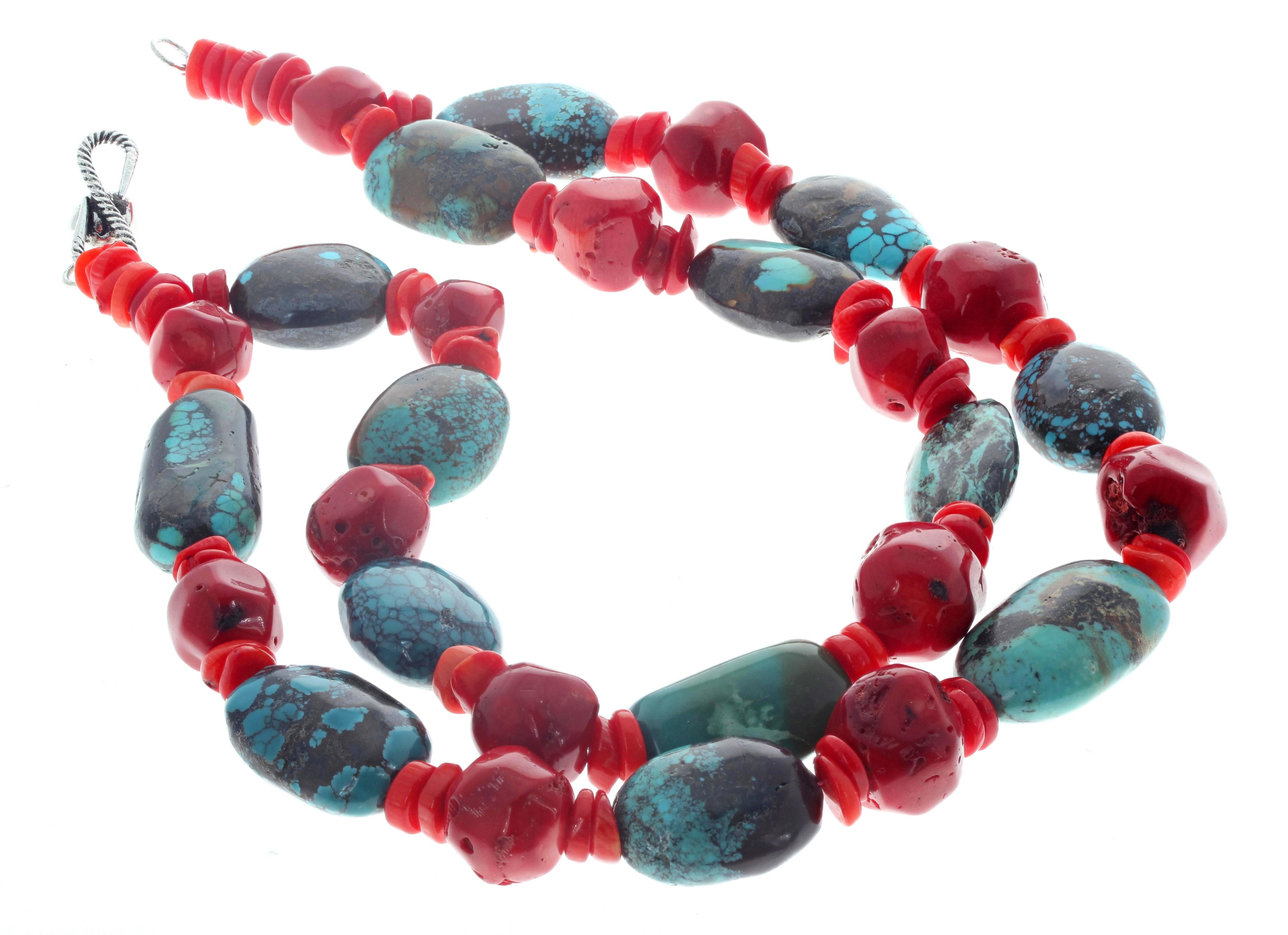 Mixed Cut AJD Elegant Dramatic Double Strand of Natural Real Turquoise & Coral Necklace For Sale