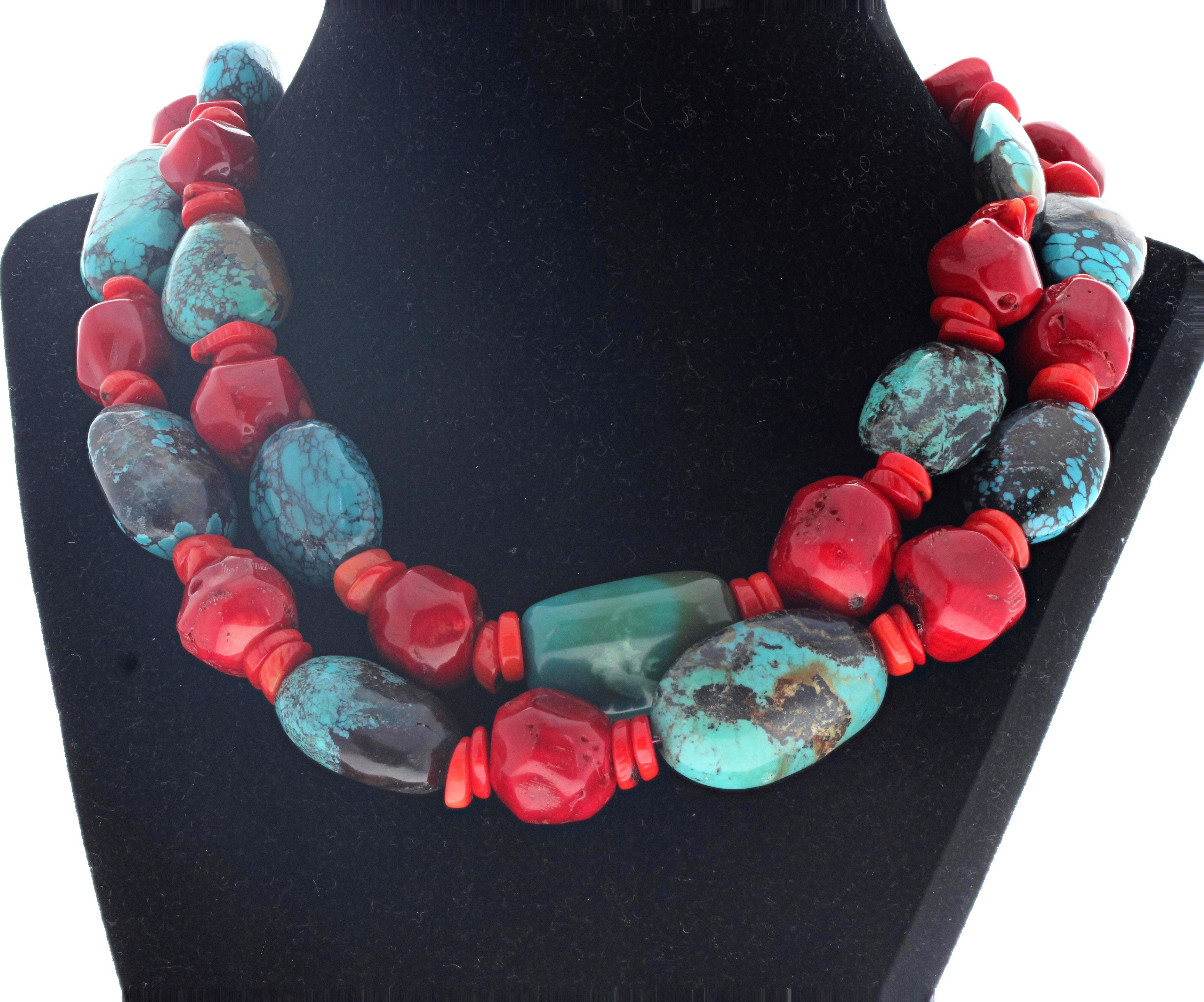 AJD Elegant Dramatic Double Strand of Natural Real Turquoise & Coral Necklace In New Condition For Sale In Raleigh, NC
