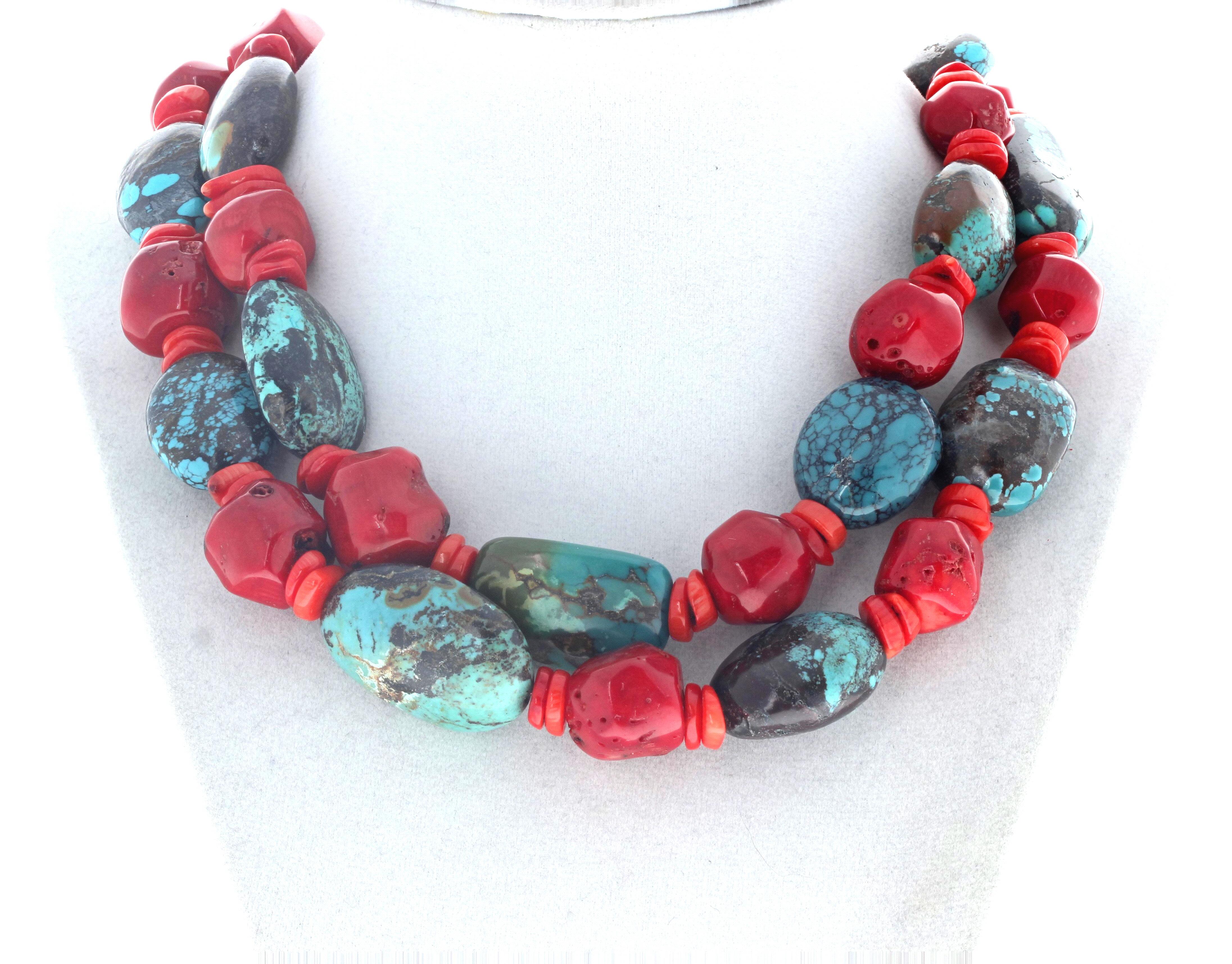 Women's or Men's AJD Elegant Dramatic Double Strand of Natural Real Turquoise & Coral Necklace For Sale