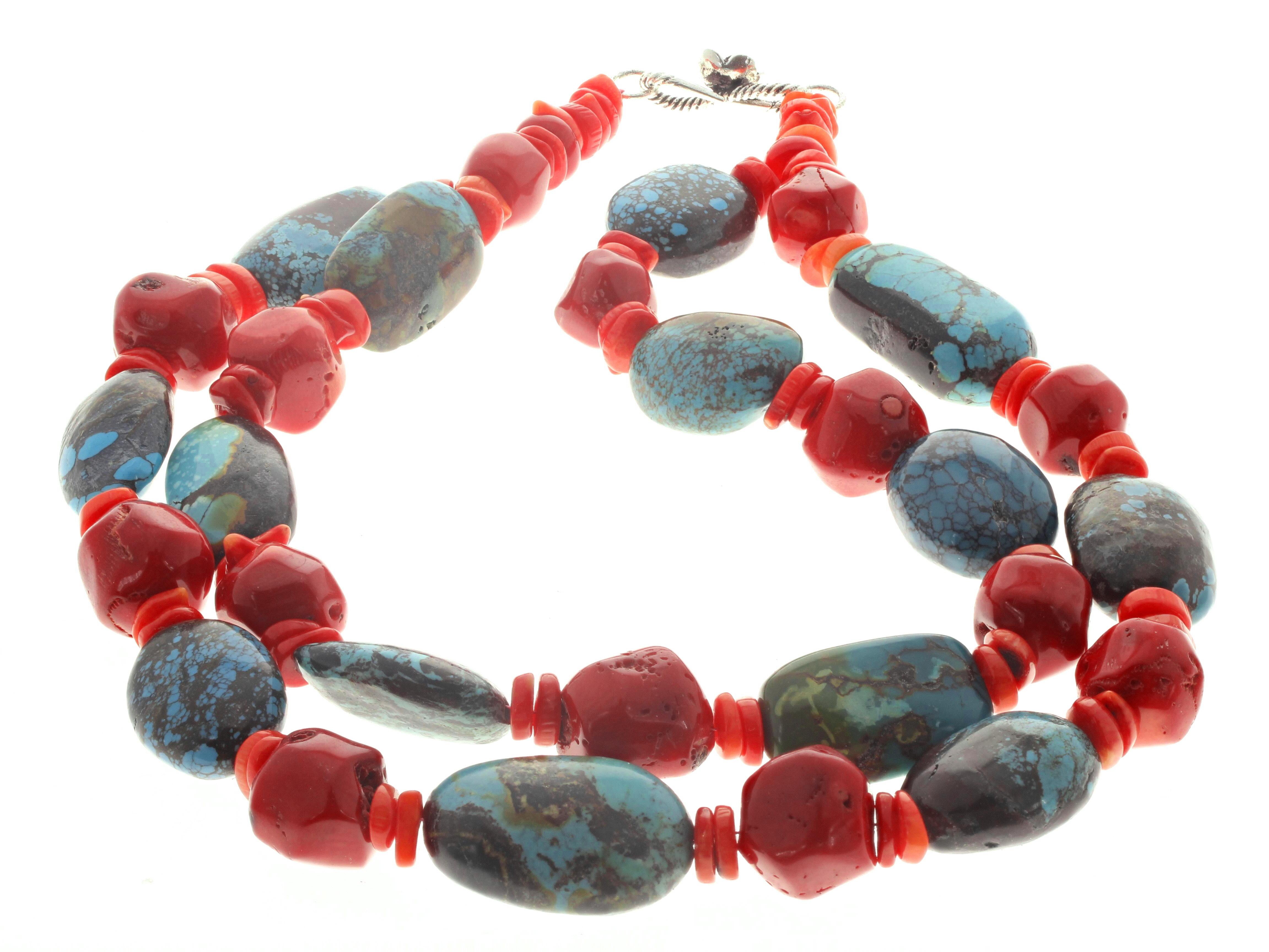 AJD Elegant Dramatic Double Strand of Natural Real Turquoise & Coral Necklace For Sale 1