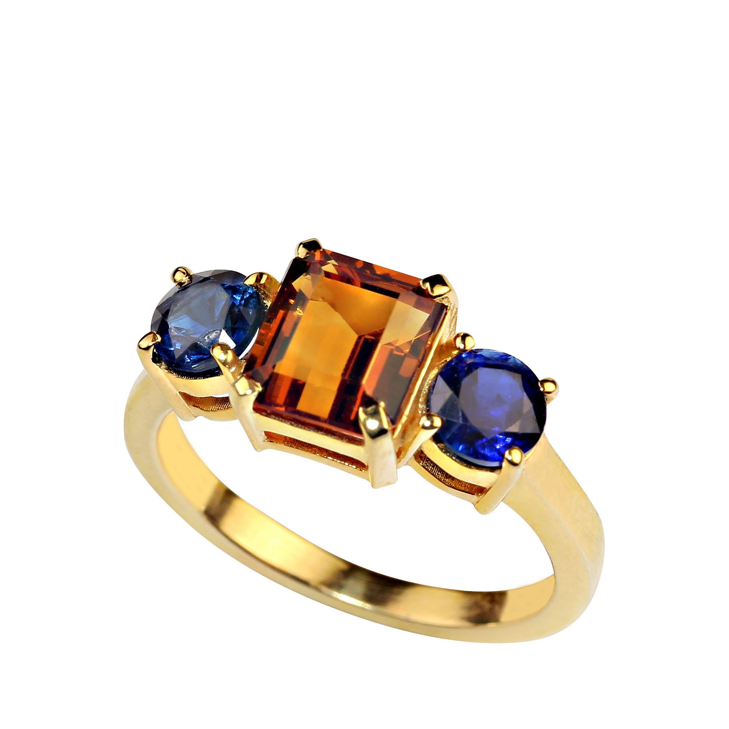 Artisan AJD Elegant Emerald Cut Citrine Accented with Round Blue Kyanite Ring For Sale