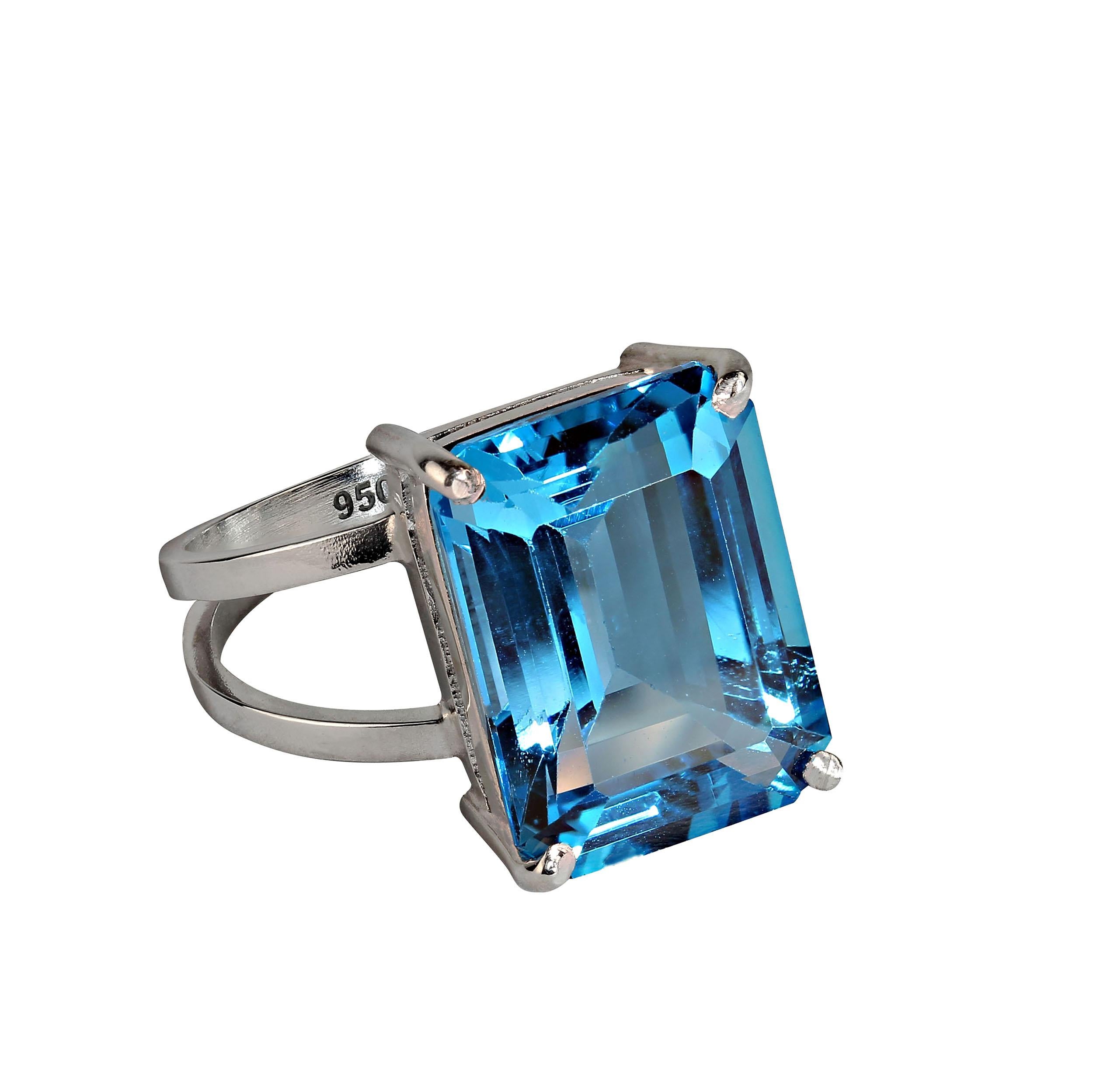 Women's or Men's AJD Elegant Emerald Cut Swiss Blue Topaz, 11.74 Carat, in Sterling Silver Ring For Sale