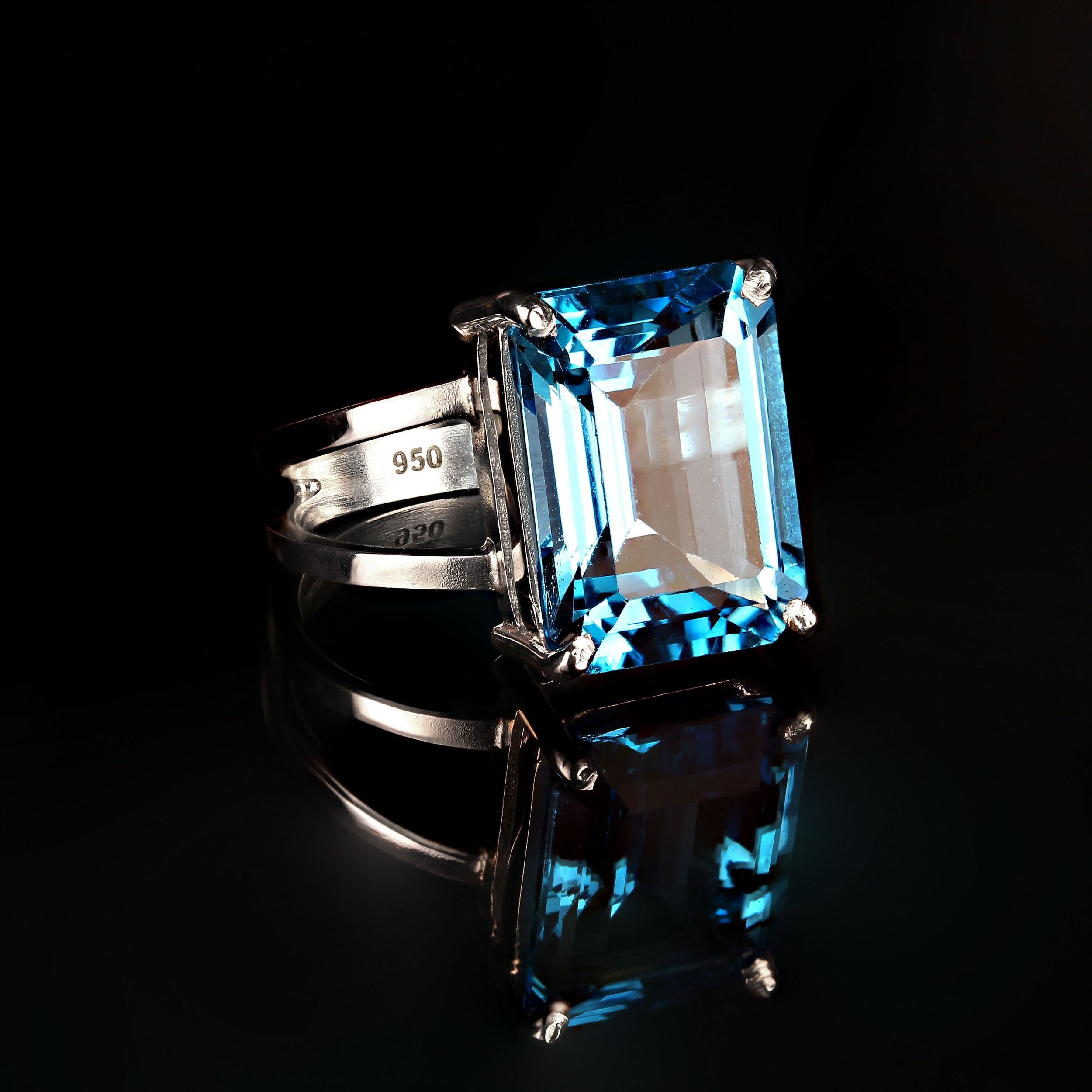 Artisan AJD Elegant Emerald Cut Swiss Blue Topaz, 11.74 Carat, in Sterling Silver Ring For Sale