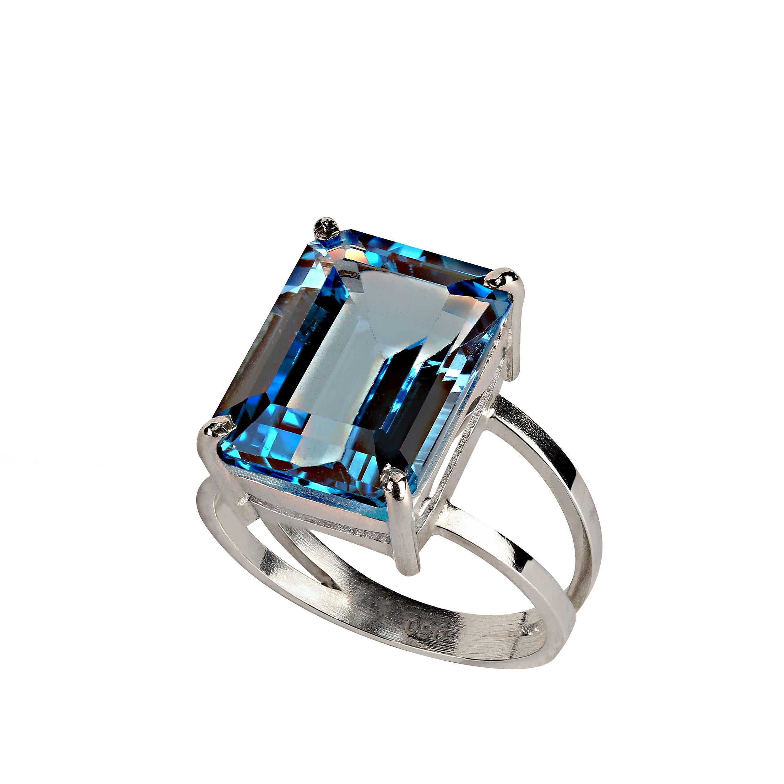 AJD Elegant Emerald Cut Swiss Blue Topaz, 11.74 Carat, in Sterling Silver Ring In New Condition For Sale In Raleigh, NC