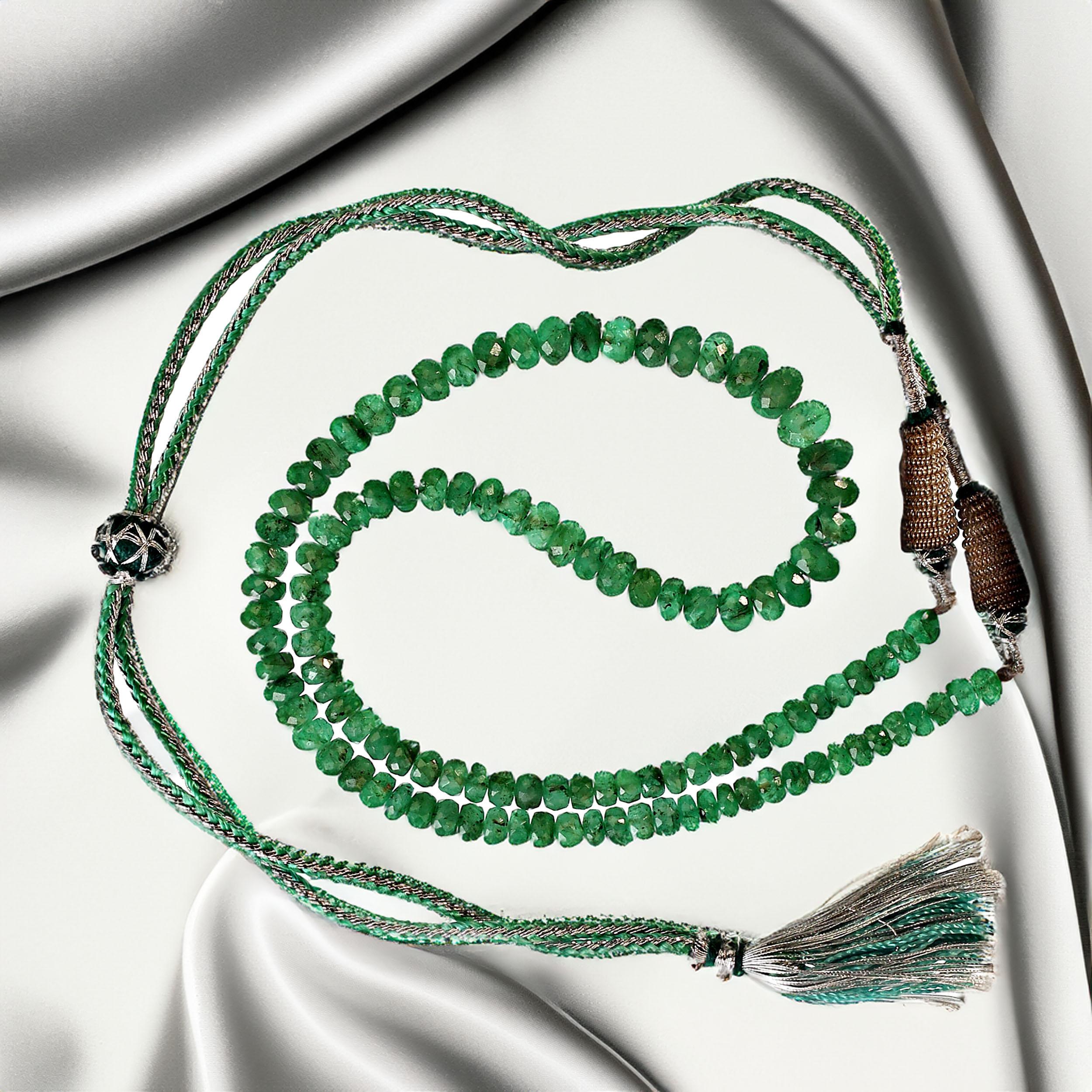 15 Inch graduated emerald necklace, 5-7mm, with extendable cord for easily slipping over your head. These gorgeous translucent Indian emeralds, 95ct, are faceted and create a lovely necklace to wear with all your fall wardrobe.  MN2339