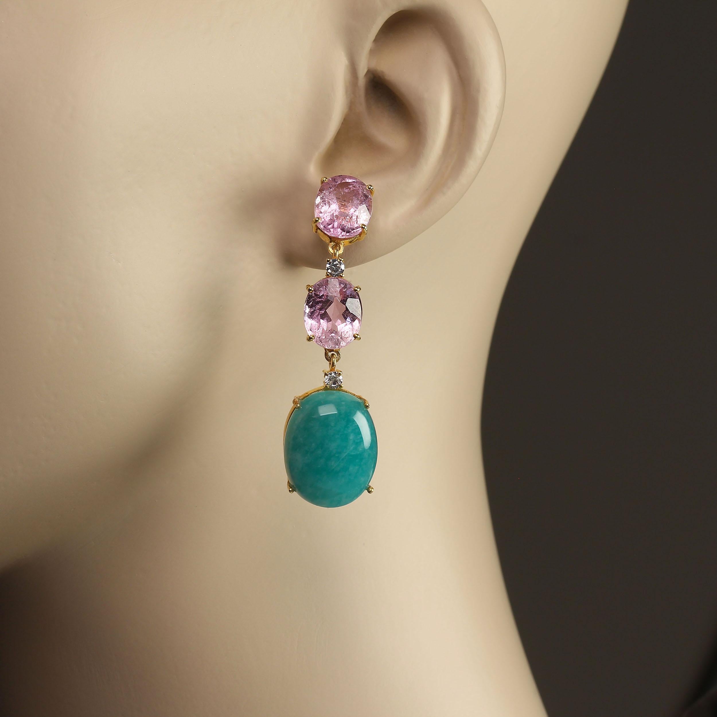 Sparkling, dangling, swinging earrings for nighttime elegance. These gorgeous earrings are two inches in length.  They are two sparkling bright pink Kunzites with scintillating Cambodian Zircons below them and then a glowing Amazonite cabochon.