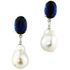 AJD Elegant Glowing Blue Kyanite 
Baroque Pearl Drop 1.73" Silver Earrings