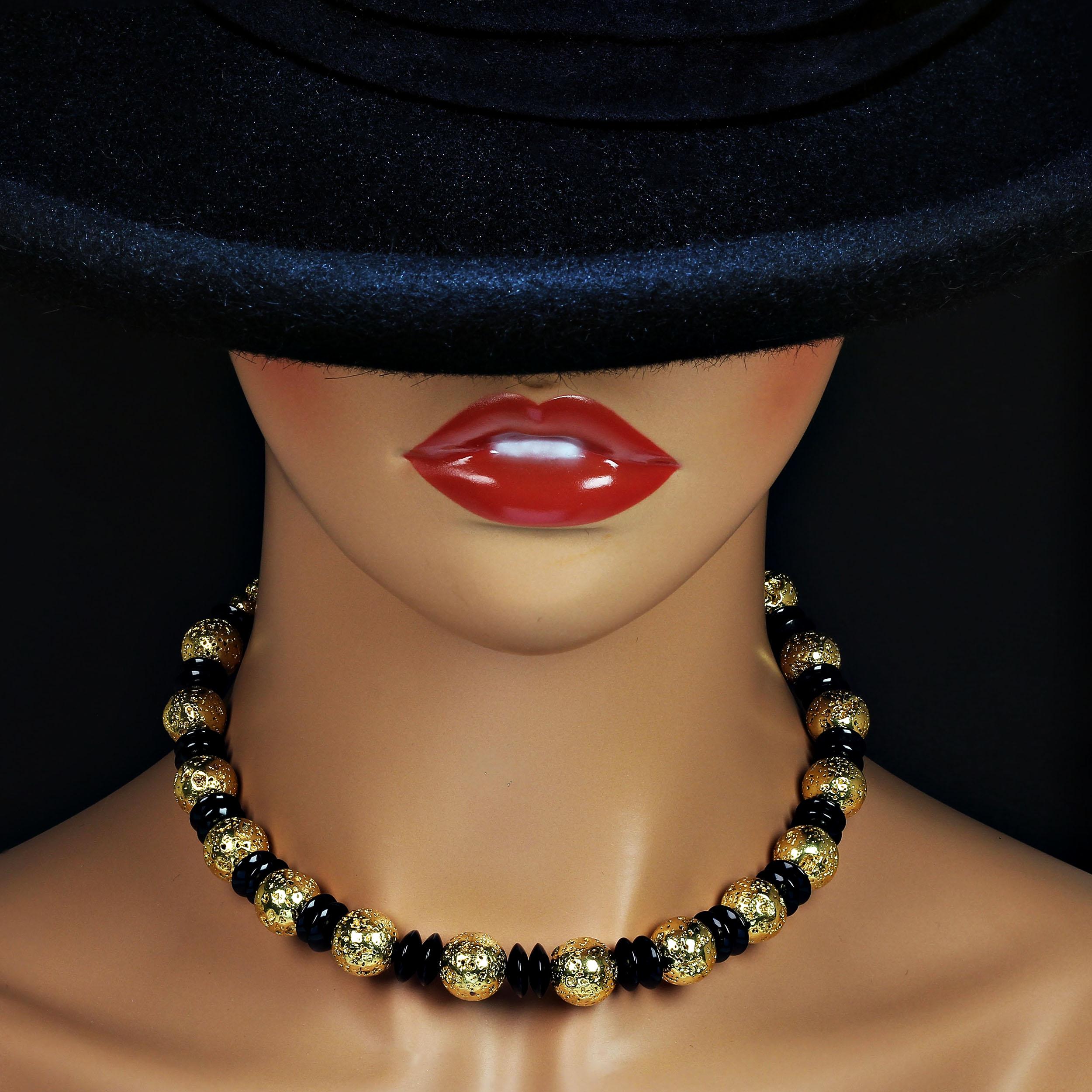 Handmade, 16 Inch necklace of gold wash over Lava rock and black Tourmaline rondelles. This elegant short necklace is great for evenings as well as daytime wear. The gold wash Lava rock is such a great look in combination with the highly polished