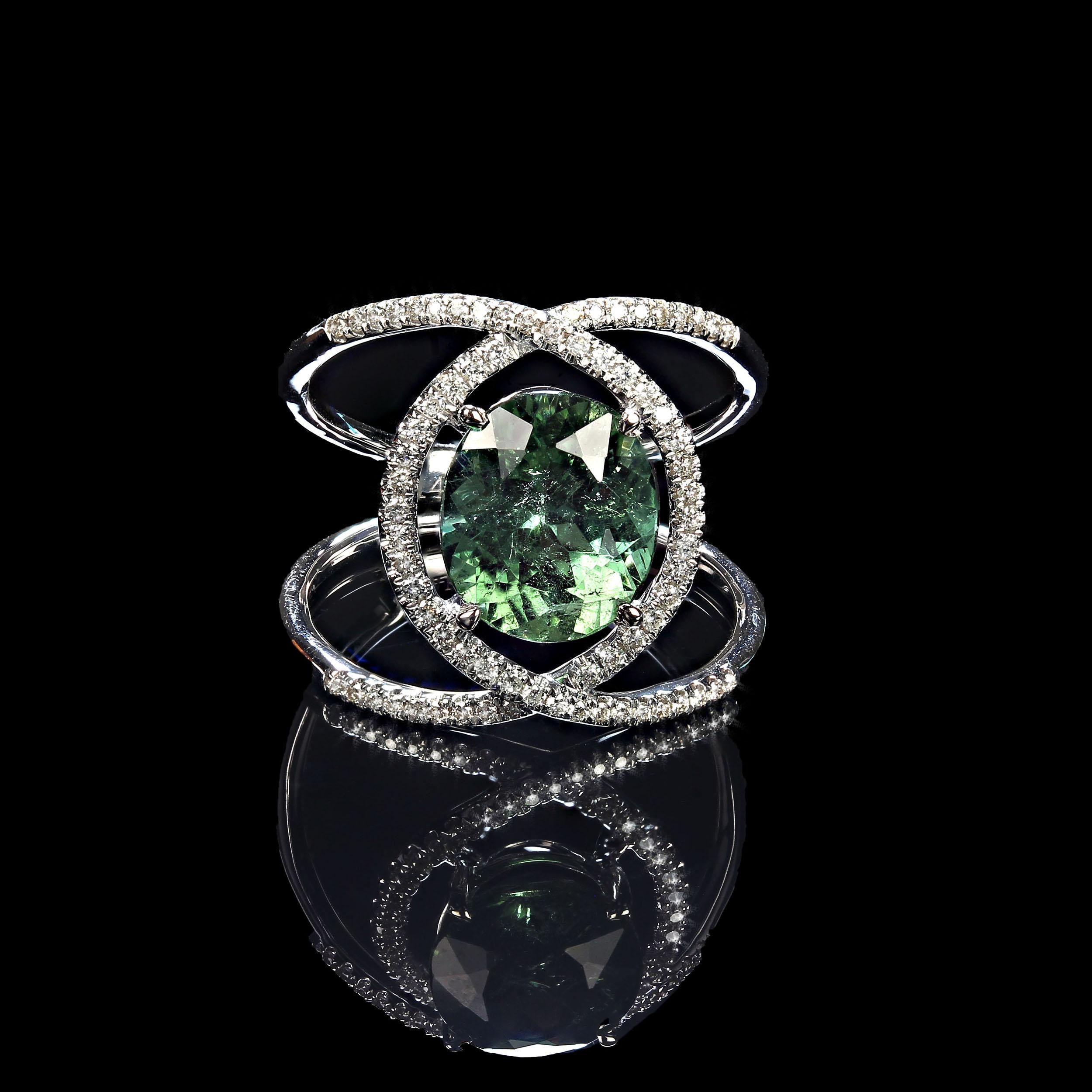 AJD Elegant modern diamond ring setting for oval green tourmaliine In New Condition For Sale In Raleigh, NC