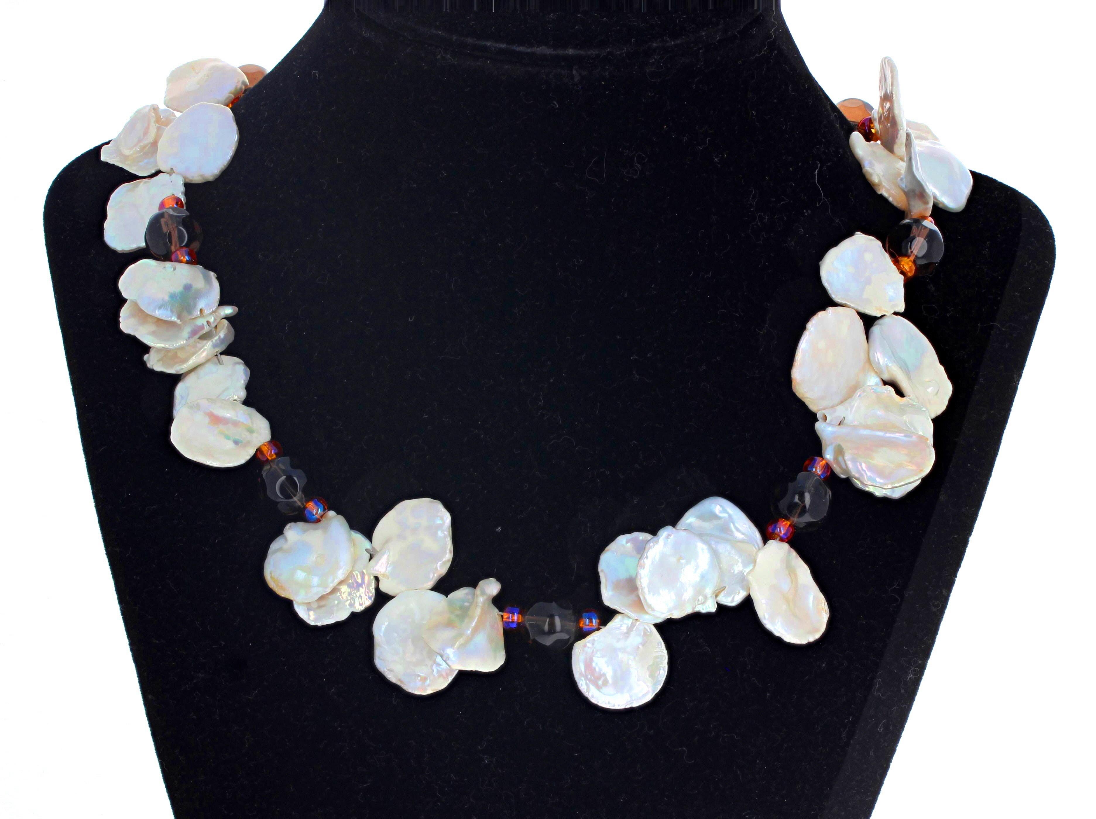 Mixed Cut AJD Elegant Natural Keshi Pearls & Highly Polished Gemcut Smoky Quartz Necklace For Sale