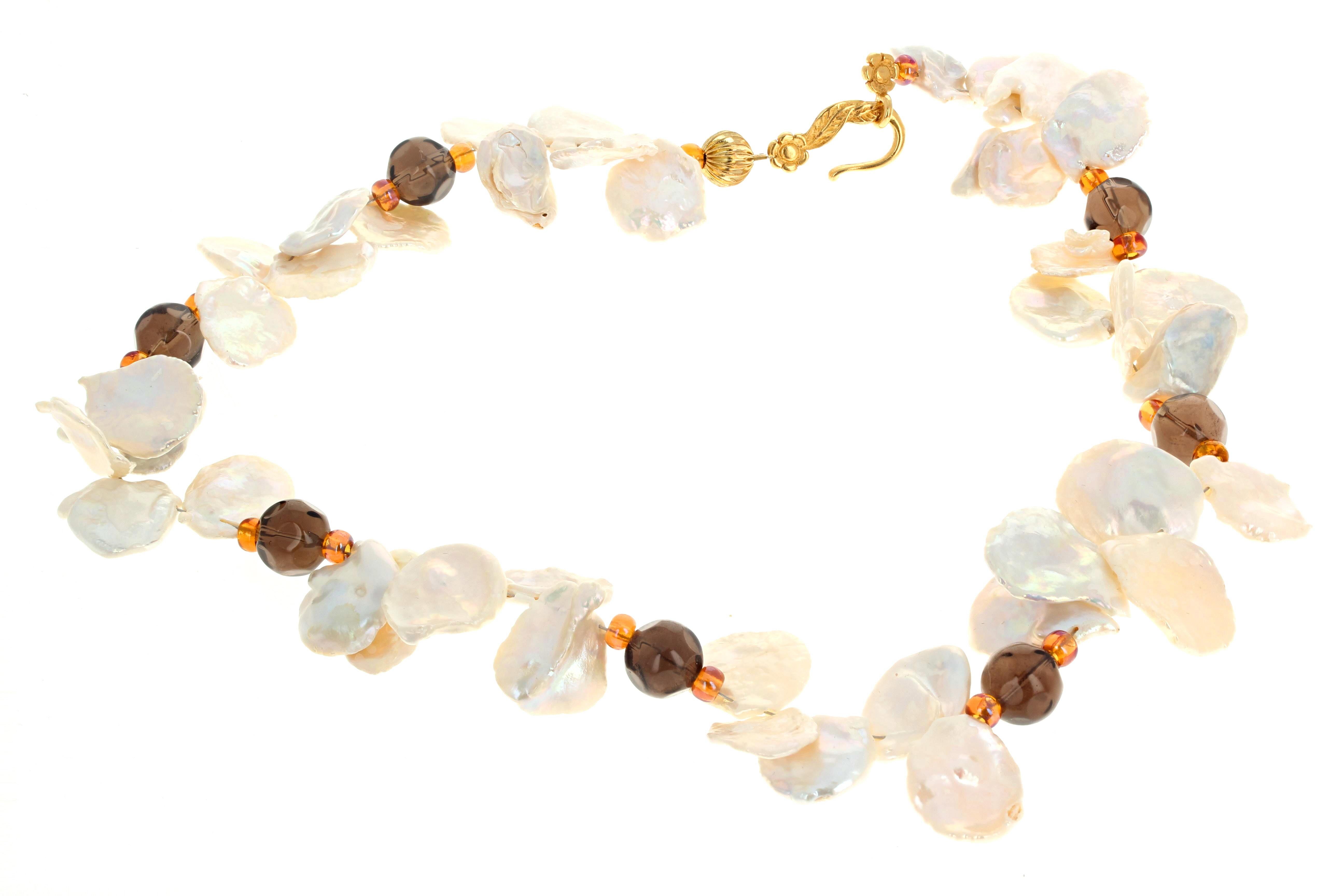 Women's or Men's AJD Elegant Natural Keshi Pearls & Highly Polished Gemcut Smoky Quartz Necklace For Sale