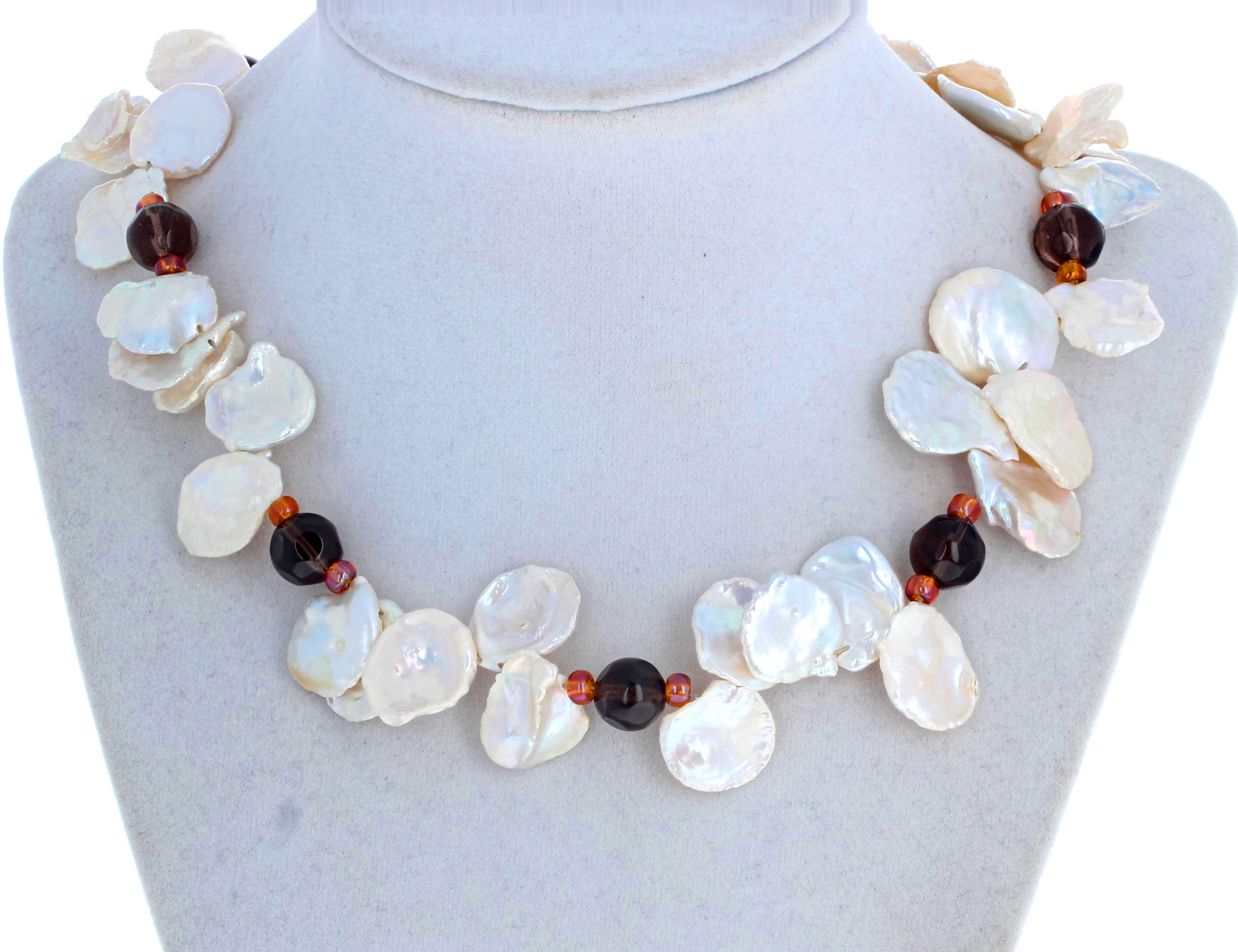 AJD Elegant Natural Keshi Pearls & Highly Polished Gemcut Smoky Quartz Necklace For Sale 1