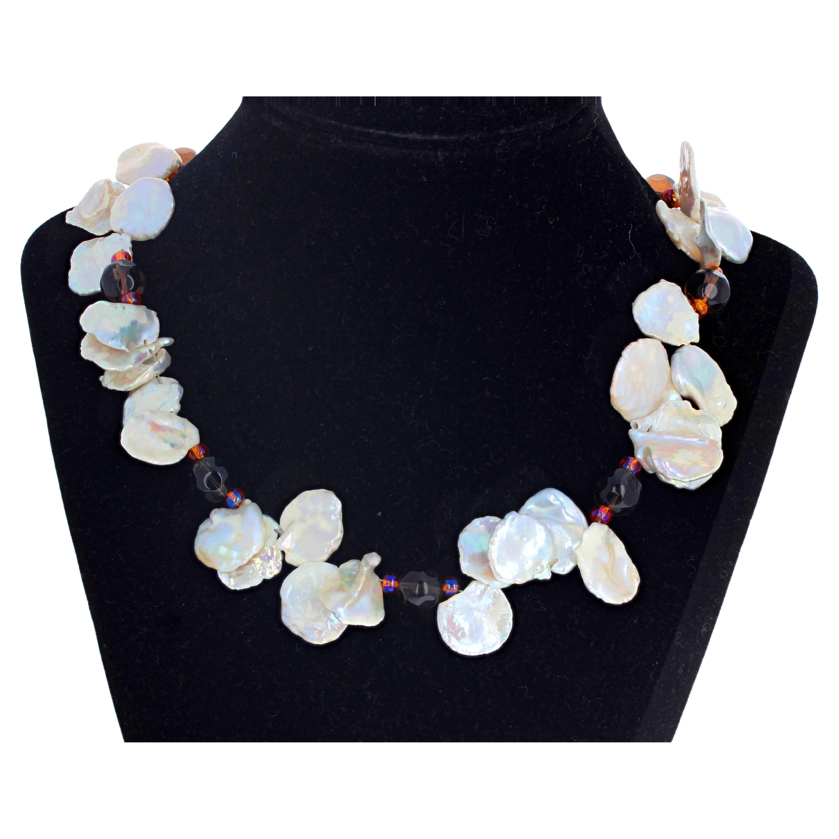 AJD Elegant Natural Keshi Pearls & Highly Polished Gemcut Smoky Quartz Necklace For Sale