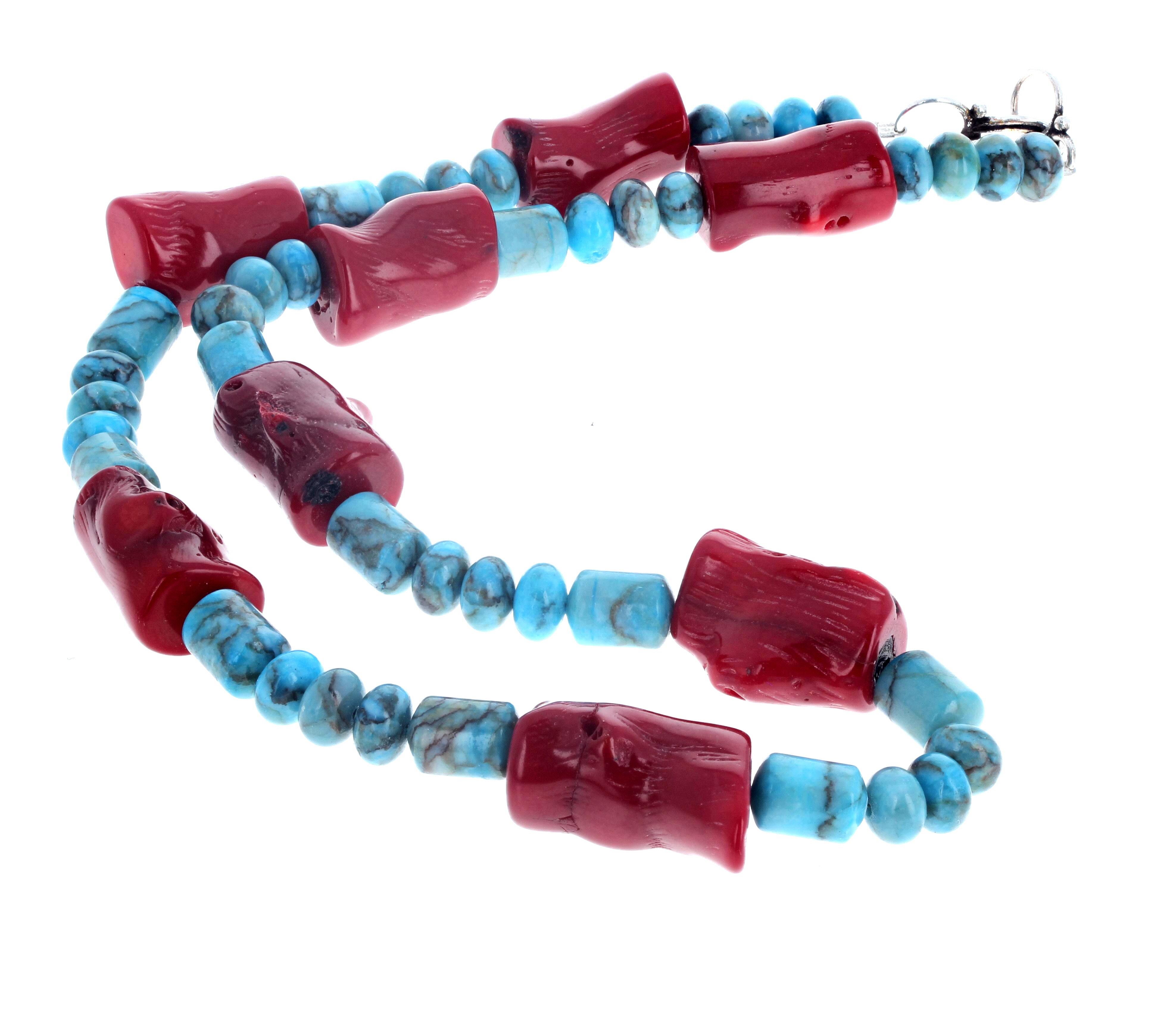 Beautiful chunks of highly polished natural red Bamboo Coral sits happily with the lovely highly polished rondels of natural bluish Turquoise in this 19 1/2inch single strand necklace.  The largest Coral is 26mm x 14mm approximately.  The clasp is