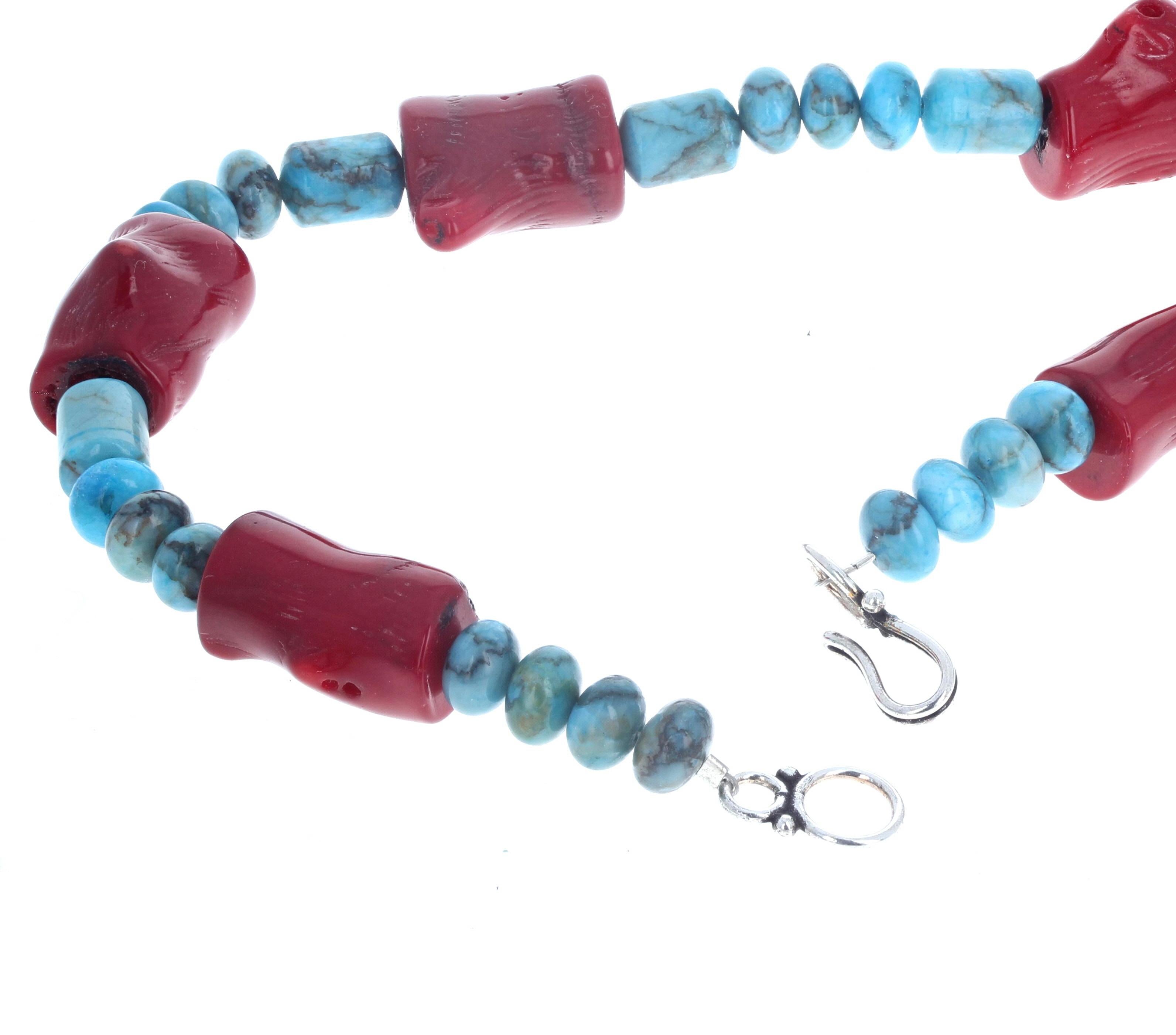 Mixed Cut AJD Elegant Natural Real Turquoise & Real Red Bamboo Coral Necklace For Sale