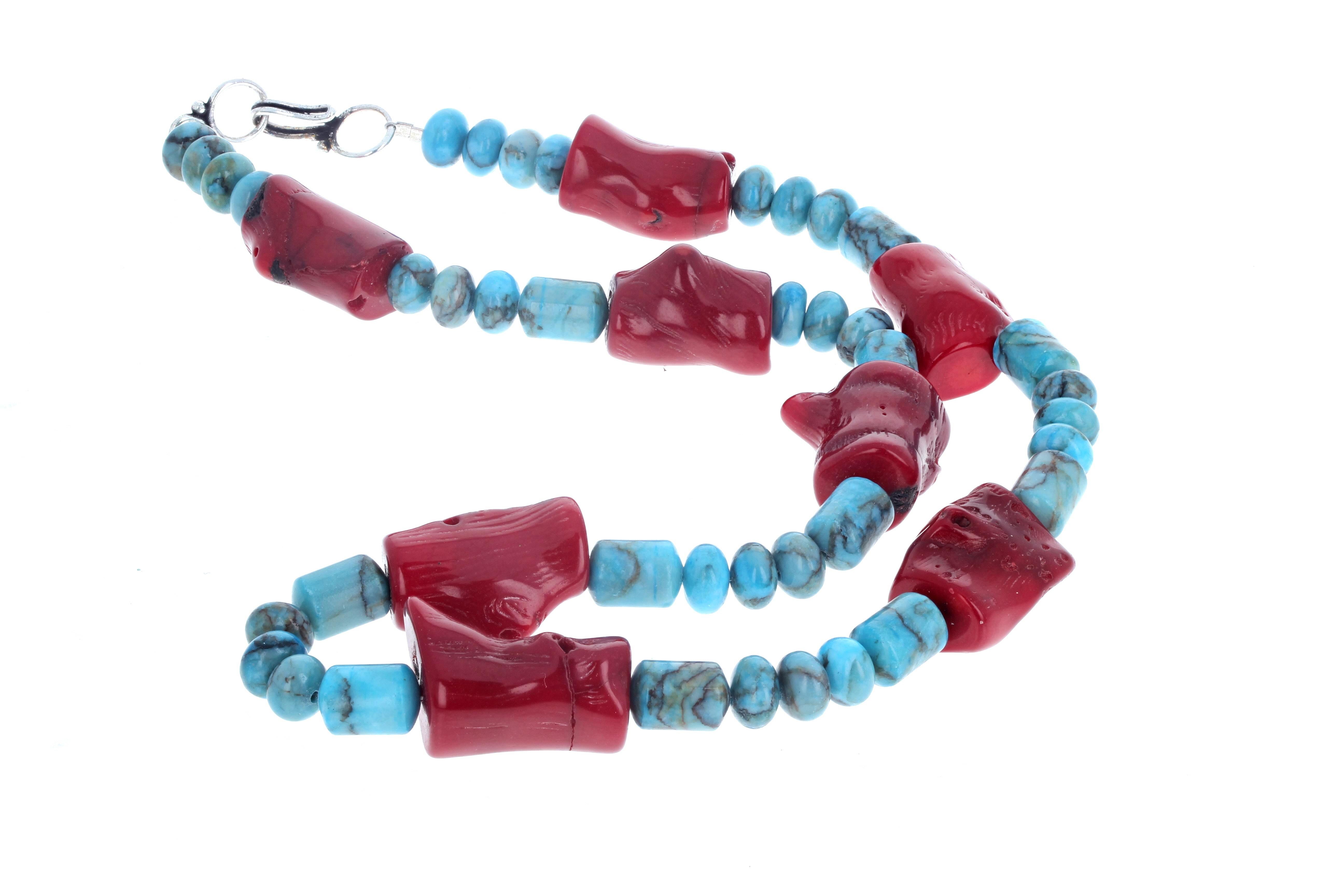 Mixed Cut AJD Elegant Natural Real Turquoise & Real Red Bamboo Coral Necklace For Sale