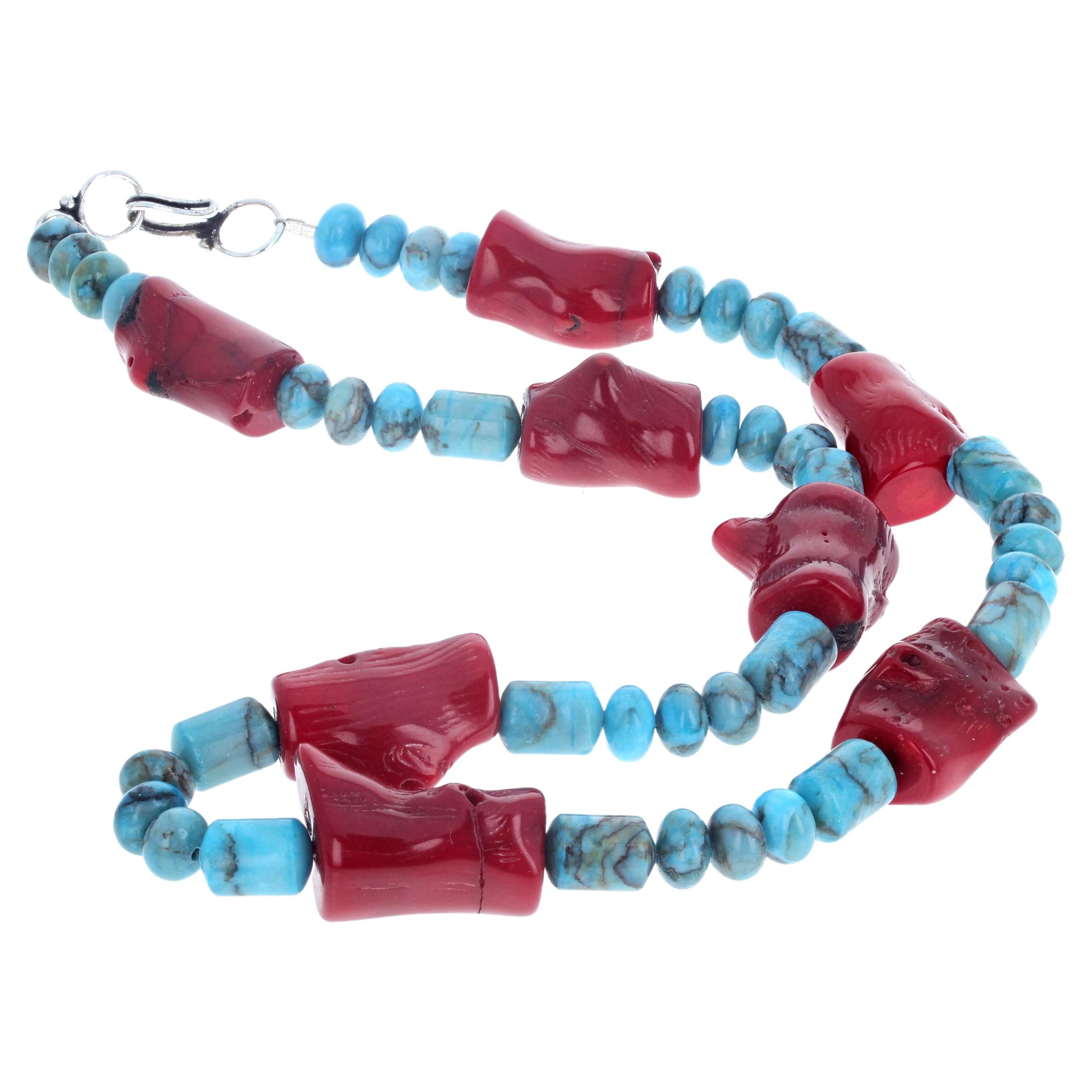 AJD, élégant collier de turquoises naturelles réelles et de corail rouge véritable