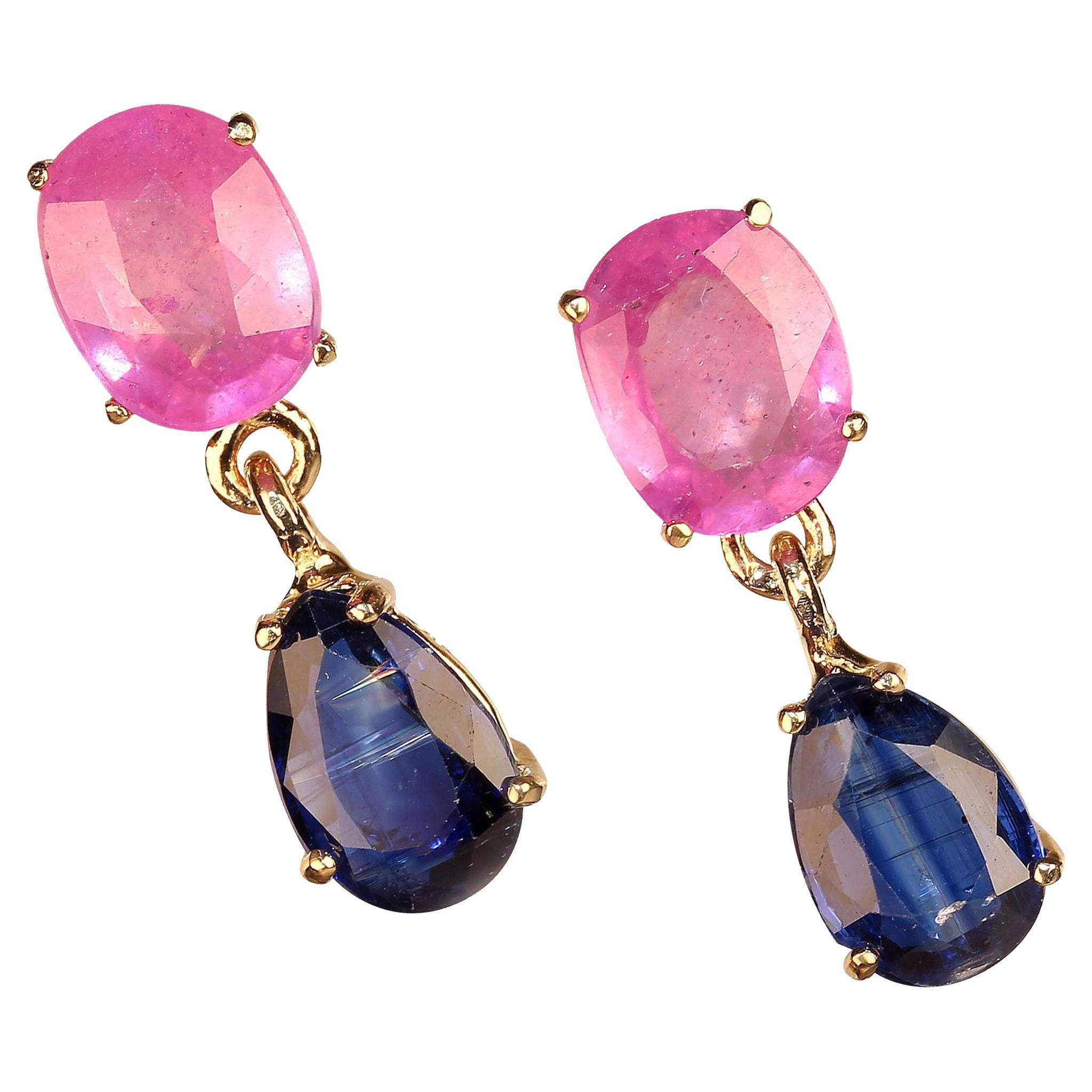 AJD Elegant Pink Sapphire and Blue Kyanite Dangle Earrings in 14K Yellow Gold