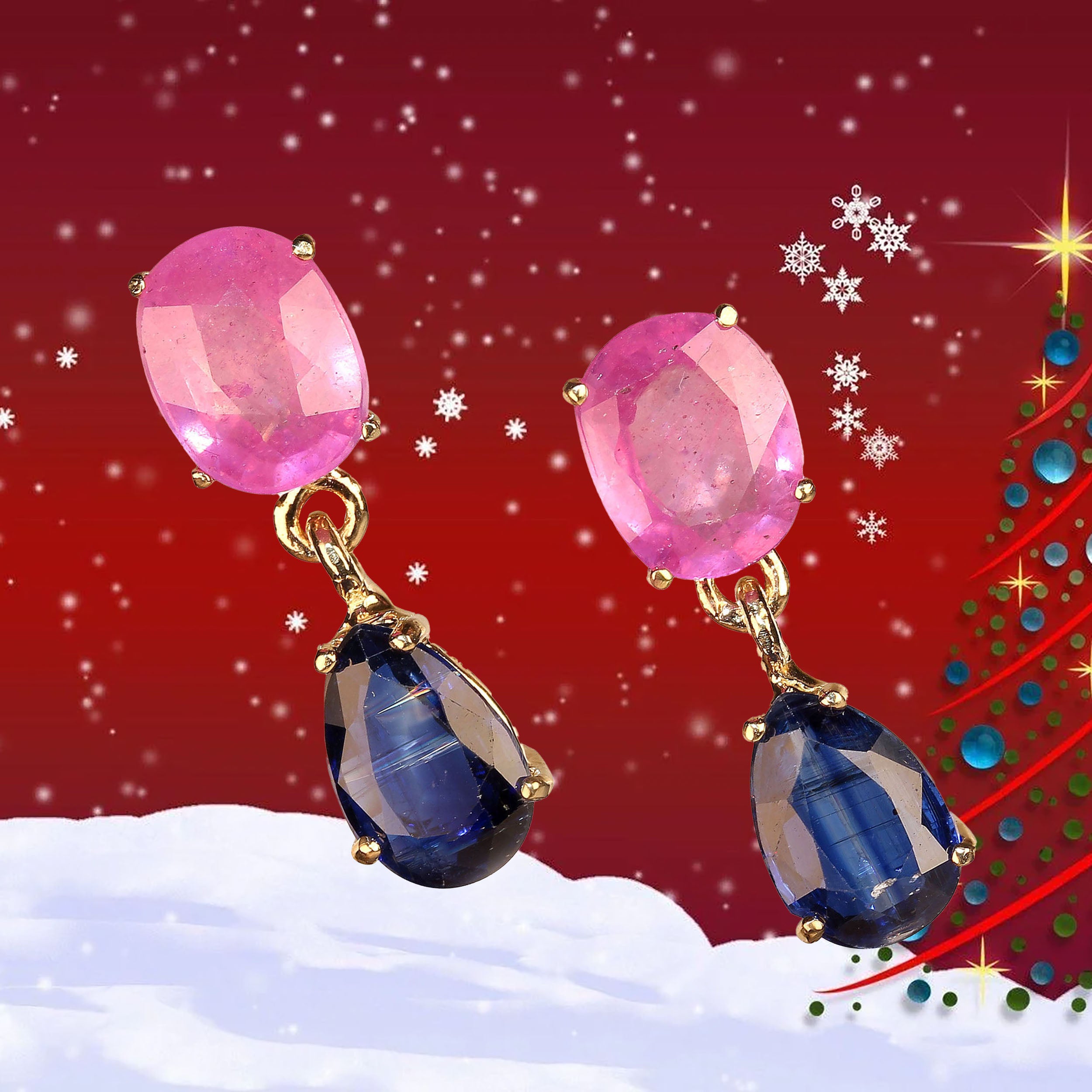Taglio ovale AJD Eleganti orecchini pendenti con zaffiro rosa e kyanite blu in oro giallo 14 carati in vendita