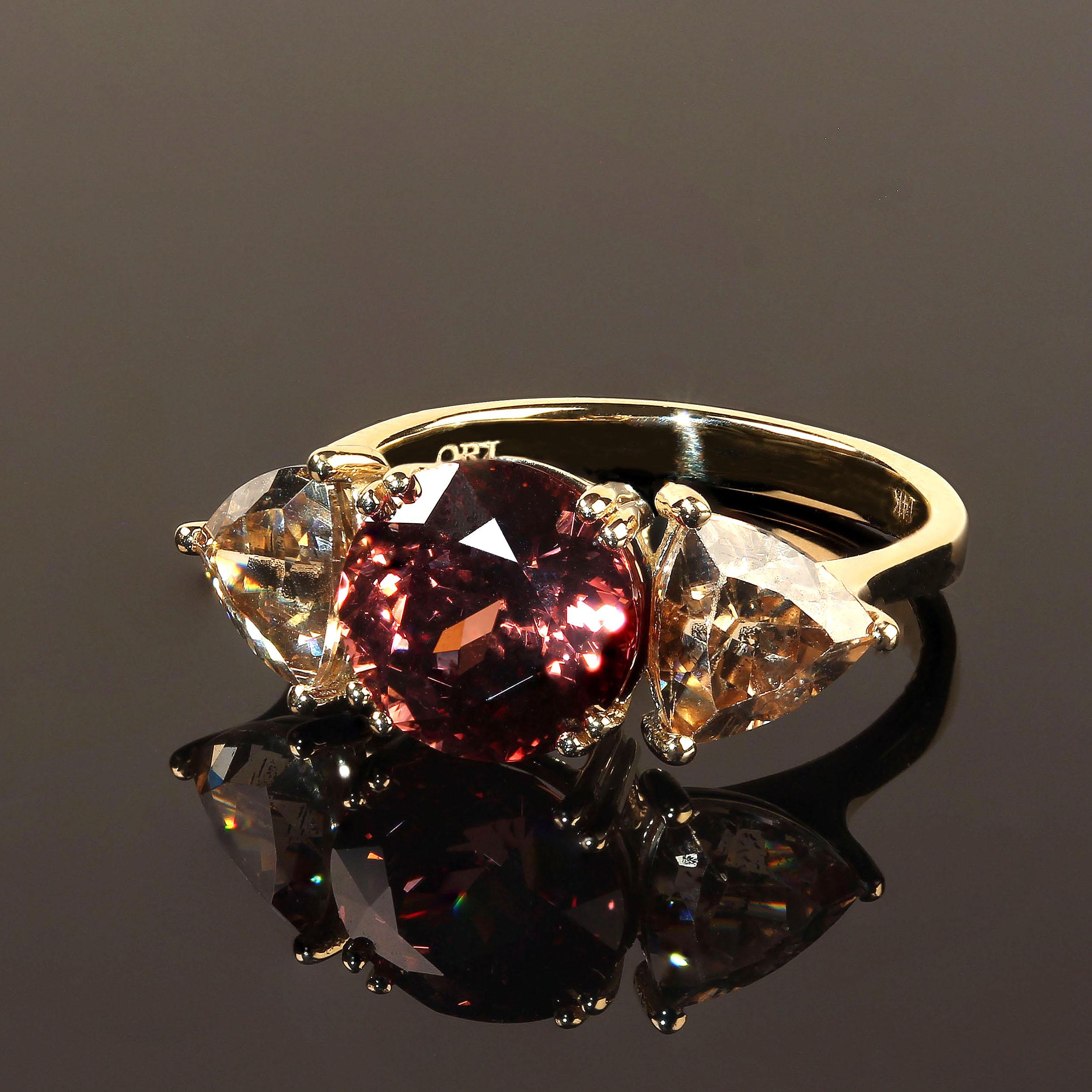 Contemporary AJD Elegant Red and Smoky Cambodian Zircon Dinner Ring in 14K Yellow gold For Sale
