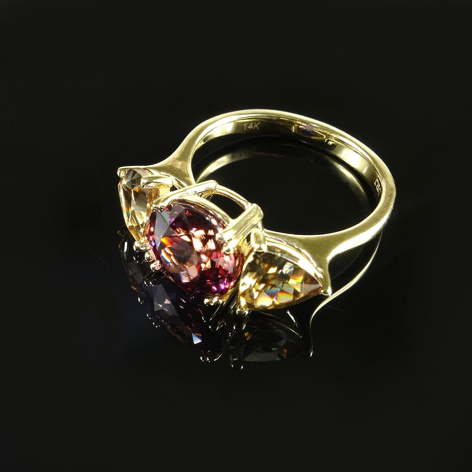 AJD Elegant Red and Smoky Cambodian Zircon Dinner Ring in 14K Yellow gold In New Condition For Sale In Raleigh, NC